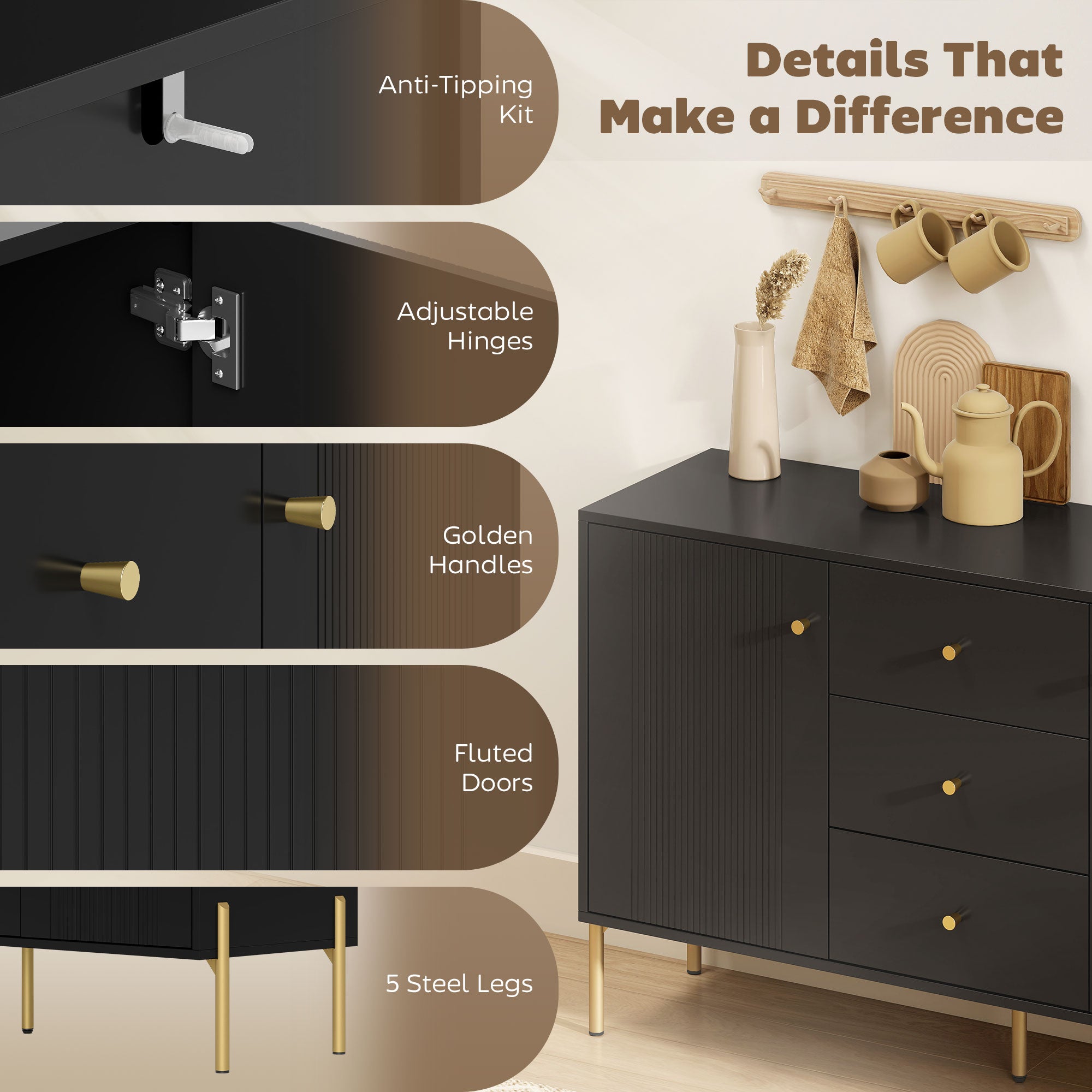 Buffet Cabinet, Modern Sideboard with 3 Soft-Close Drawers and 2 Adjustable Shelves for Living Room, Kitchen, Black