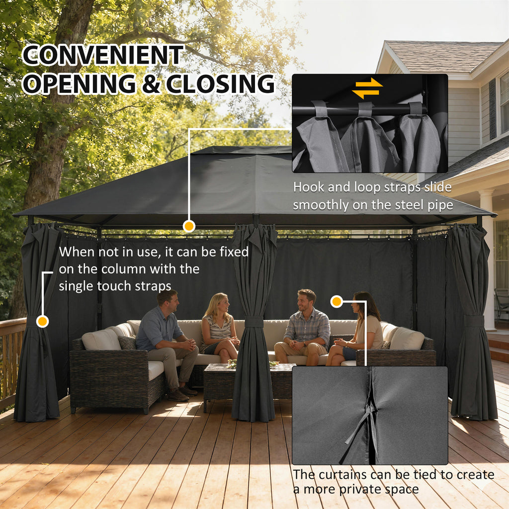 13'x 10' Soft-top Steel Patio Gazebo Canopy Party Tent with 6 Removable Curtains and Drainage Holes, Dark Grey