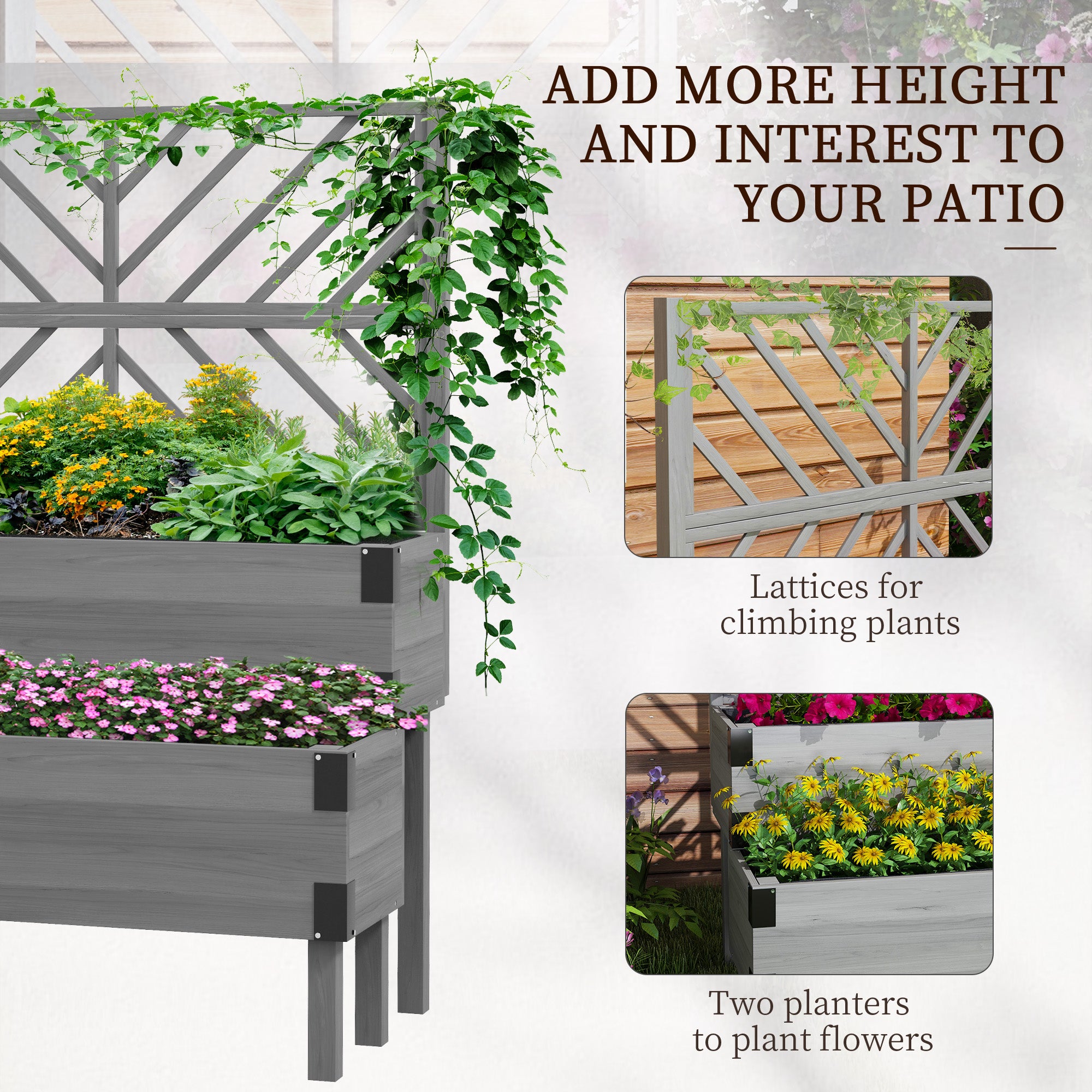 Raised Garden Bed with Trellis, 2 Tier Wooden Elevated Planter Box  for Vegetables, Flowers, Herbs, Grey