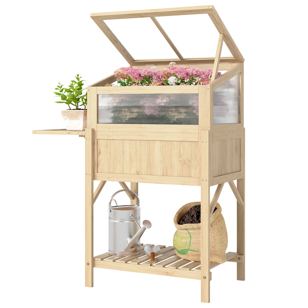 Raised Garden Bed Planter with Cold Frame, Wooden Elevated Planter Box with Folding Side Table and Shelf, Natural Wood
