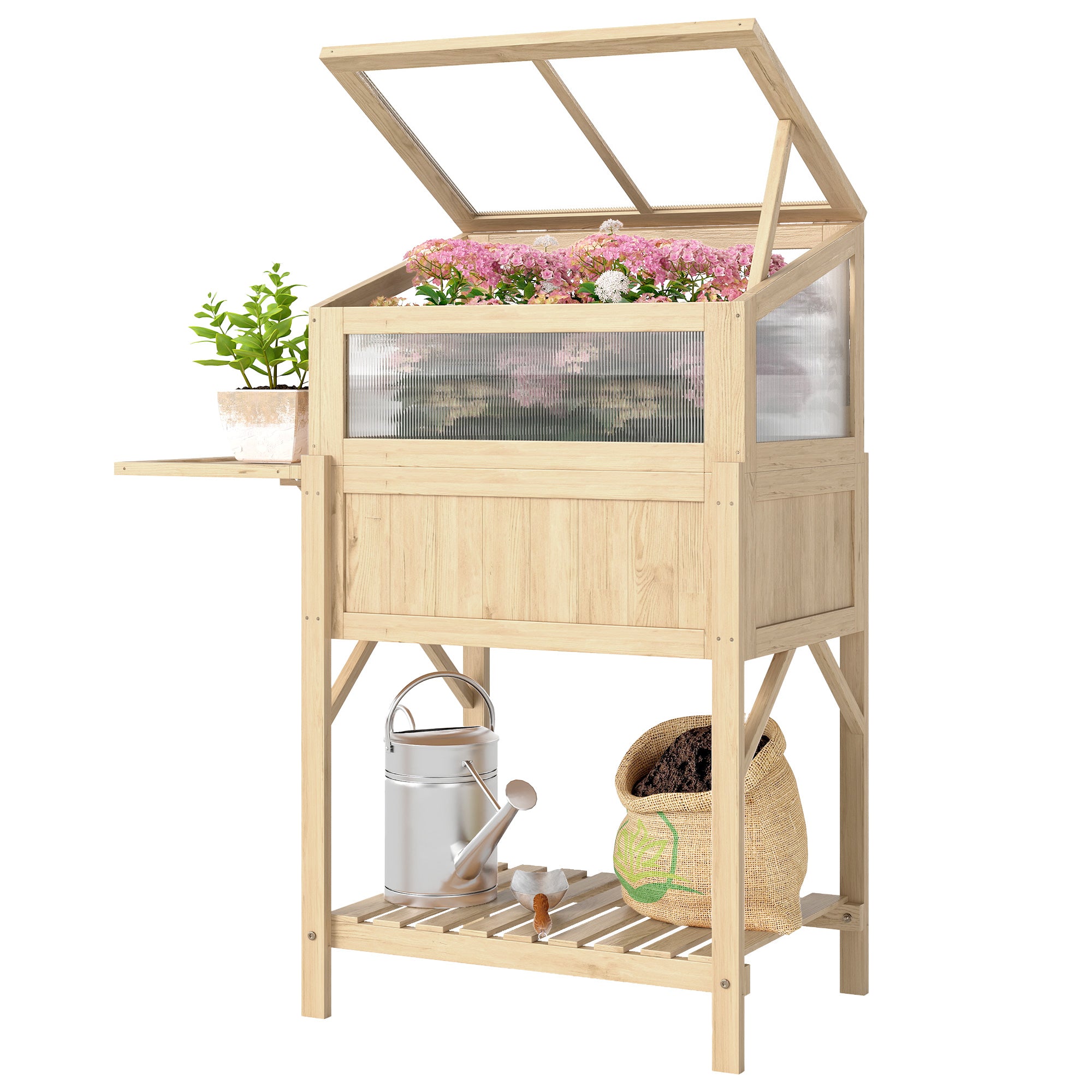 Raised Garden Bed Planter with Cold Frame, Wooden Elevated Planter Box with Folding Side Table and Shelf, Natural Wood