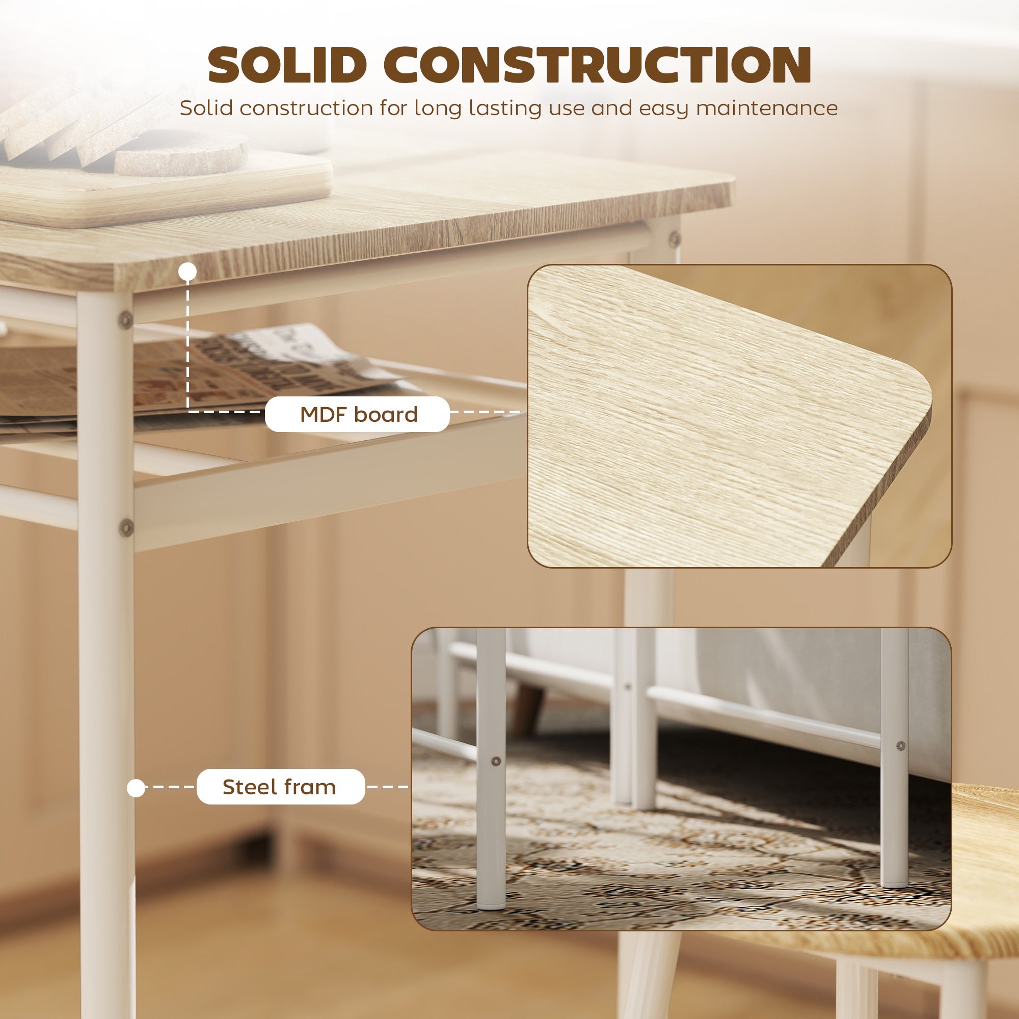 3 Piece Counter Height Bar Table Set with 1 Table, 2 Matching Stools, Dining Table Set with Storage Shelf and Metal Frame Footrest, White and Oak