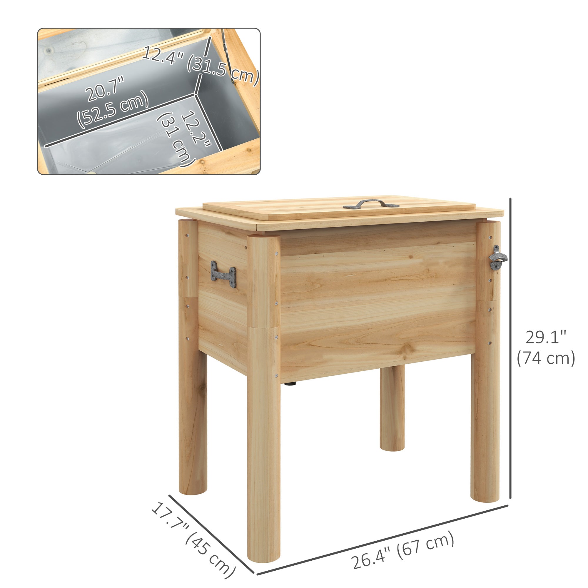 54-Qt Wooden Patio Cooler, Outdoor Cooler Table with Bottle Opener and 3 Handles, Natural