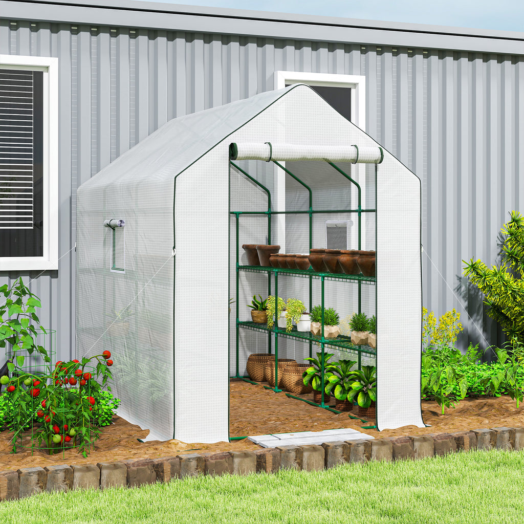 Walk-in Greenhouse with 3 Tier, Garden Plant Growhouse with Roll-up Door and Mesh Windows, 140 x 213 x 190 cm, White