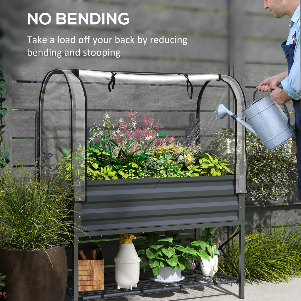 Raised Garden Bed with Cover, Metal Elevated Planter Box with Bottom Shelf and Liner, Dark Grey