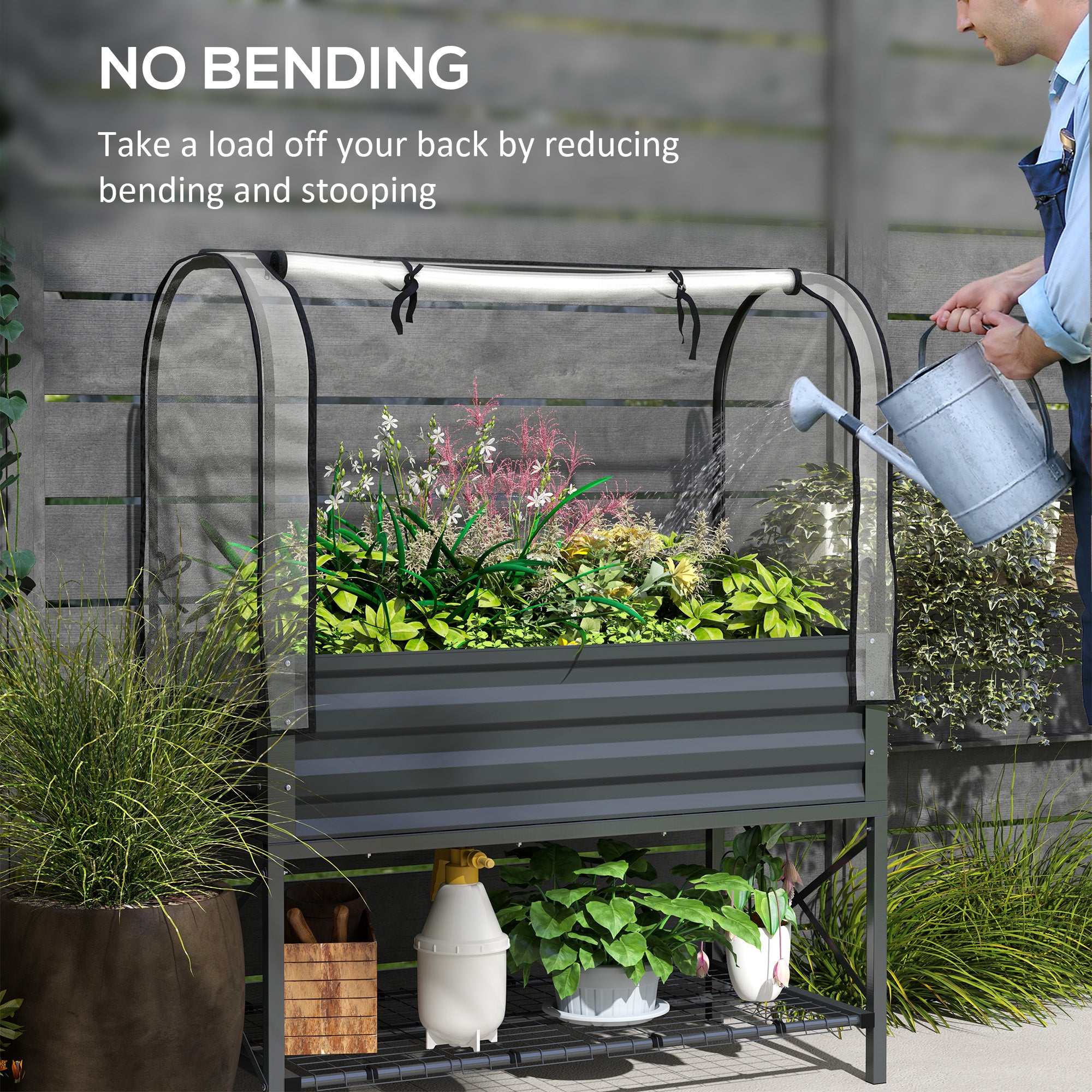 Raised Garden Bed with Cover, Metal Elevated Planter Box with Bottom Shelf and Liner, Dark Grey