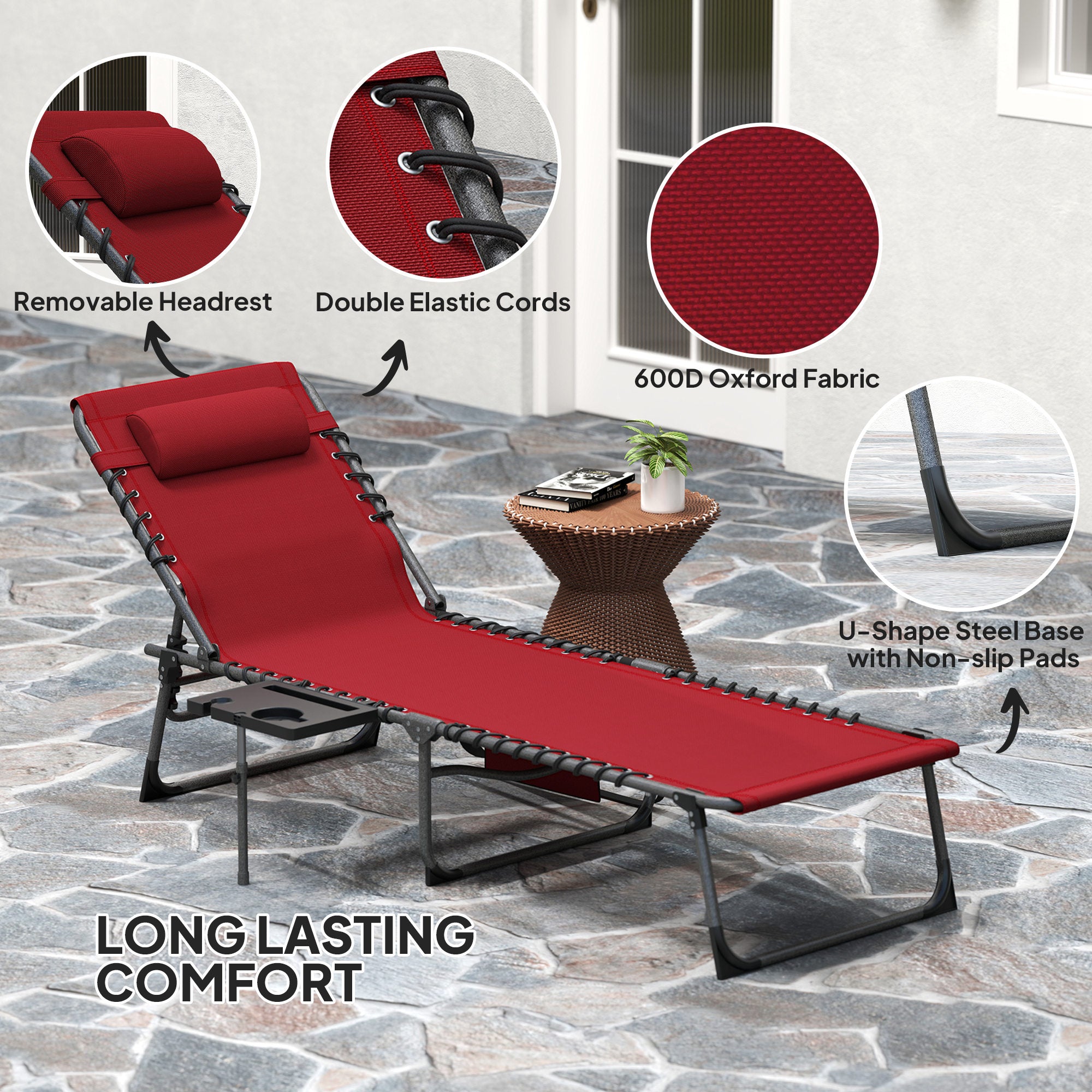 Folding Lounge Chair, Outdoor Chaise Lounge Tanning Chair with Adjustable Back, Side Table, Headrest, Red