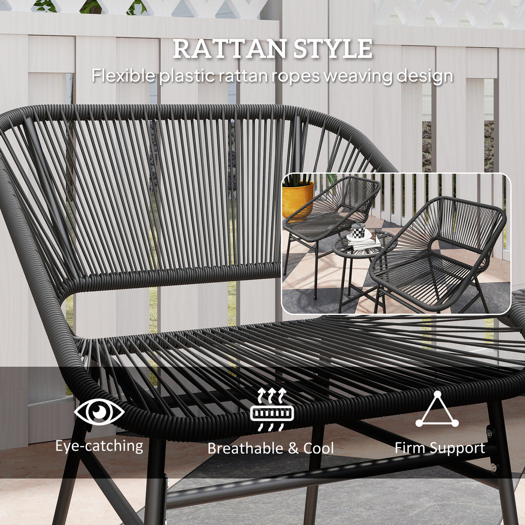 3 Piece Bistro Set, Wicker Outdoor Patio Furniture Set with Glass Top Table, Cushions for Balcony, Porch, Black