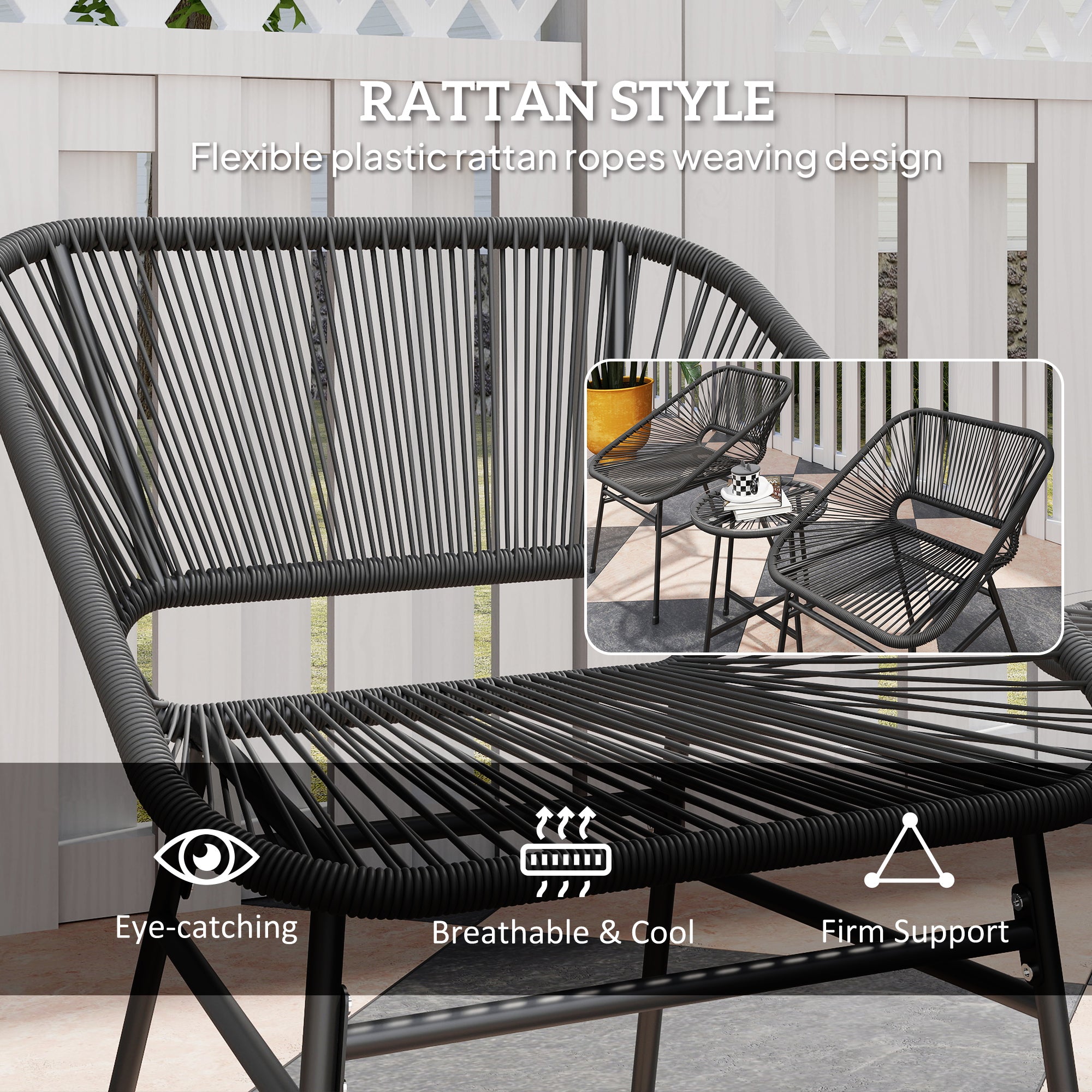 3 Piece Bistro Set, Wicker Outdoor Patio Furniture Set with Glass Top Table, Cushions for Balcony, Porch, Black