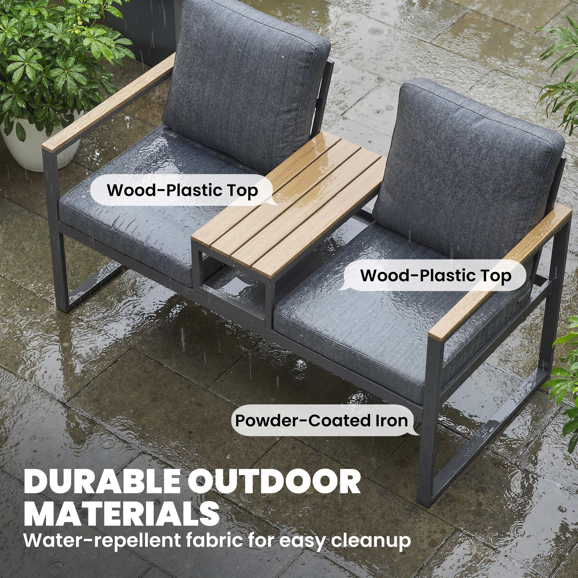 Outdoor Garden Bench with Integrated Table, 2 Seater Patio Loveseat with Thick Cushions, 136 cm Grey