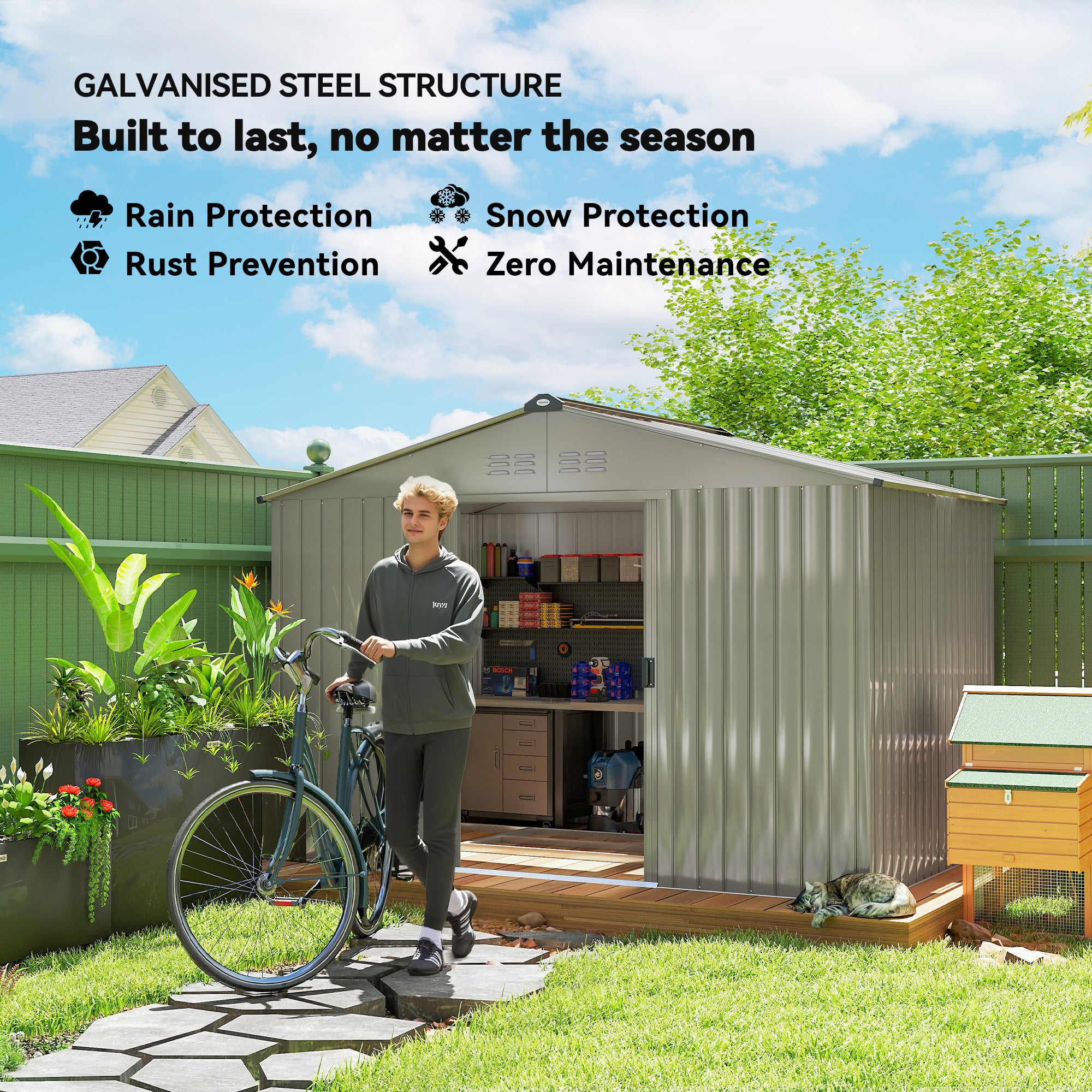 9.1' x 6.4' x 6.3' Garden Storage Shed w/ Foundation Kit Metal Tool Storage House w/ Double Doors Grey