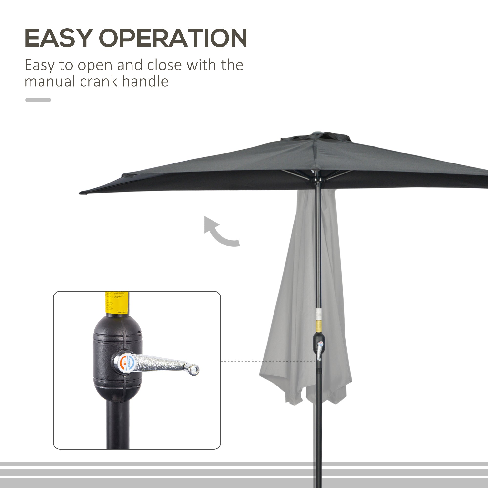 9.8ft Half Umbrella Semi Round Patio Parasol with Crank Handle, Top Vent for Garden, Balcony- NO BASE INCLUDED, Black
