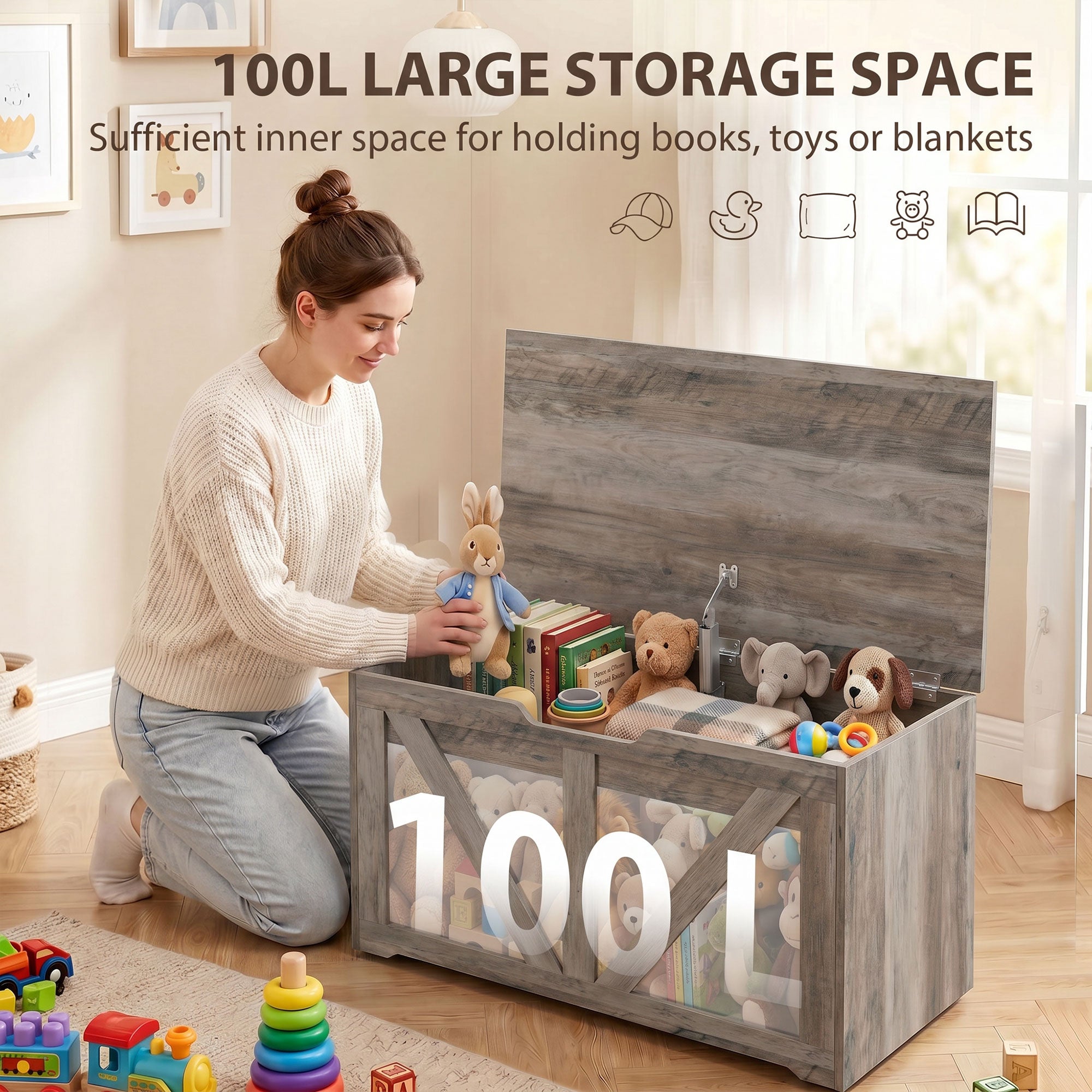 31.5 Inches Storage Chest, Storage Trunk with Safety Hinge for Living Room, Grey Wood Grain