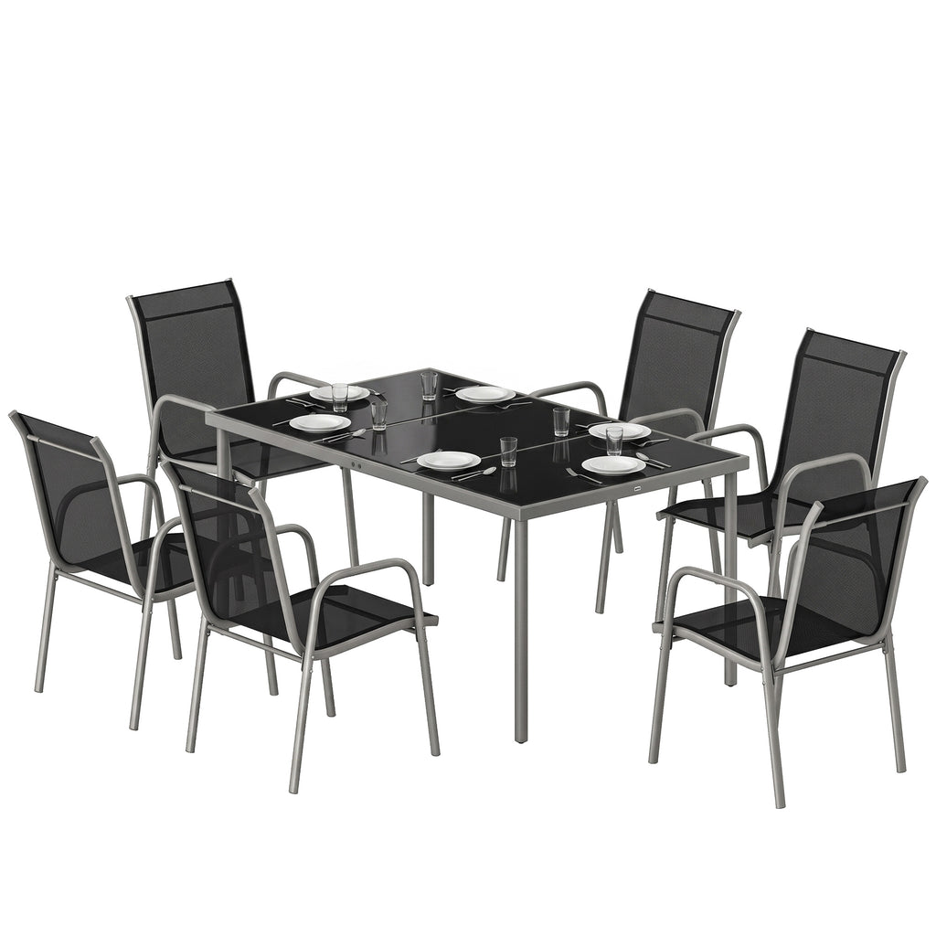 7 Piece Garden Dining Set, Garden Furniture Set with Rectangle Table and 6 Stackable Chairs