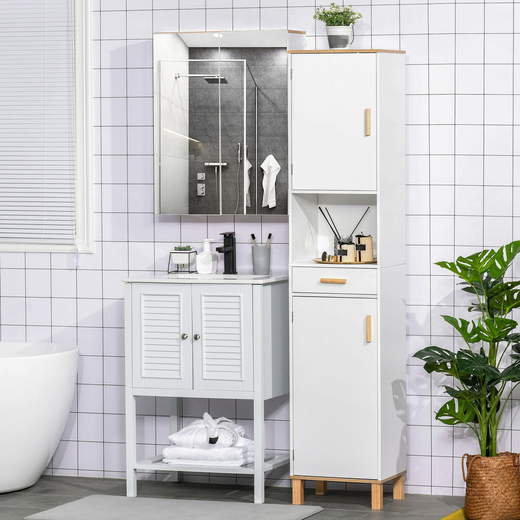 Bathroom Storage Cabinet with Cupboards and Drawer, Floor Free Standing Linen Tower, Tall Slim Side Organizer Shelves, White