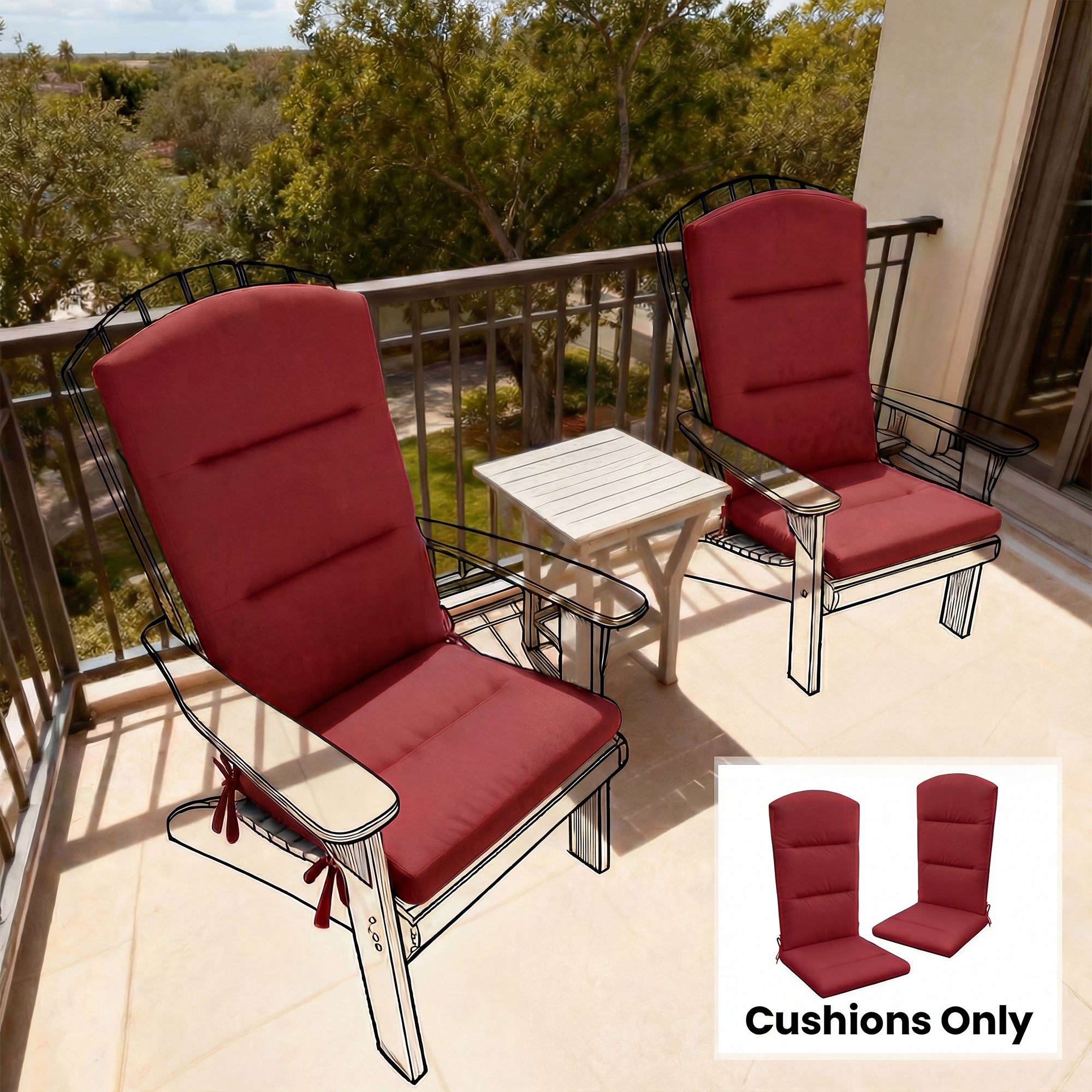 Patio Chair Cushions for Adirondack Chair Replacement Cushions with Back and Ties, Set of 2,  Wine Red