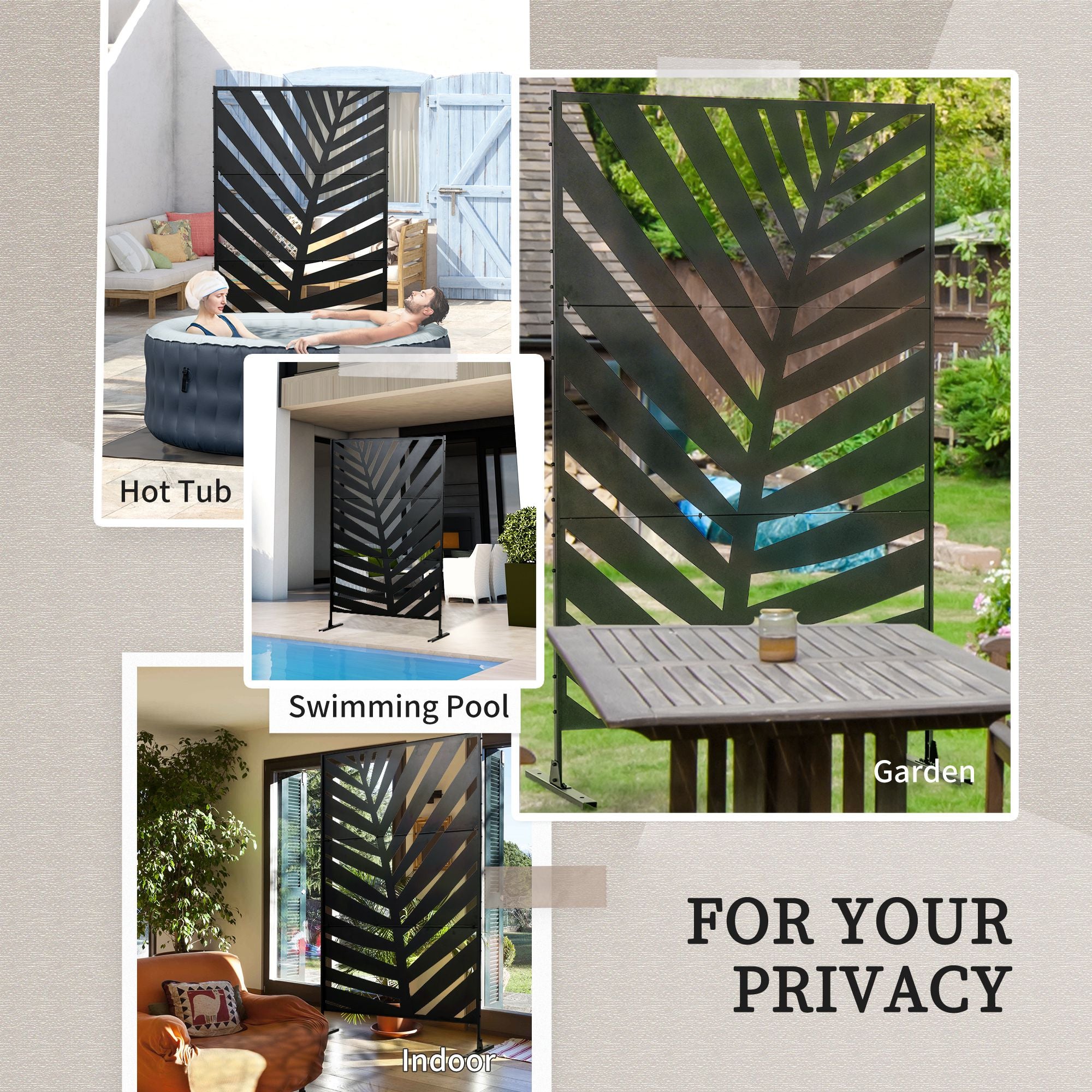Metal Outdoor Privacy Screen, 48" x 78" H Decorative Outdoor Divider with Stand and Expansion Screws, Freestanding Privacy Panel for Garden Backyard Deck Pool, Banana Leaf