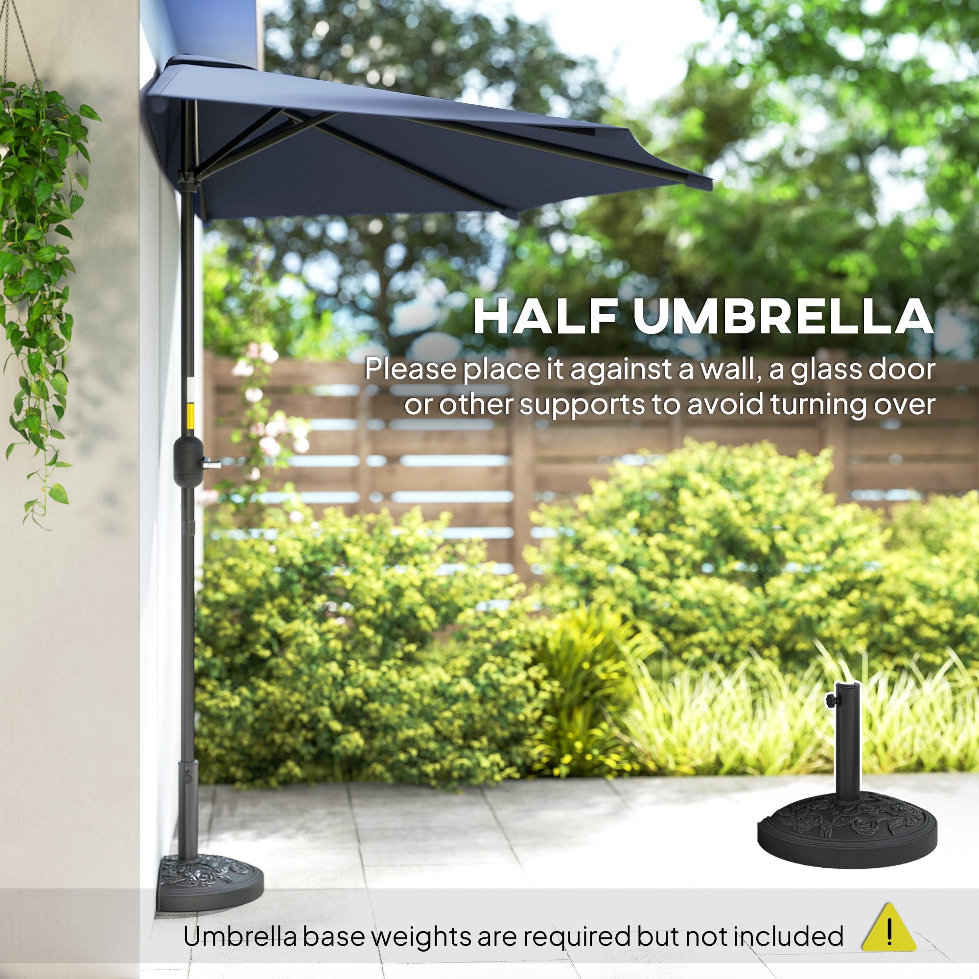 9.8ft Half Umbrella Semi Round Patio Parasol with Crank Handle, Top Vent for Garden, Balcony- NO BASE INCLUDED, Dark Blue