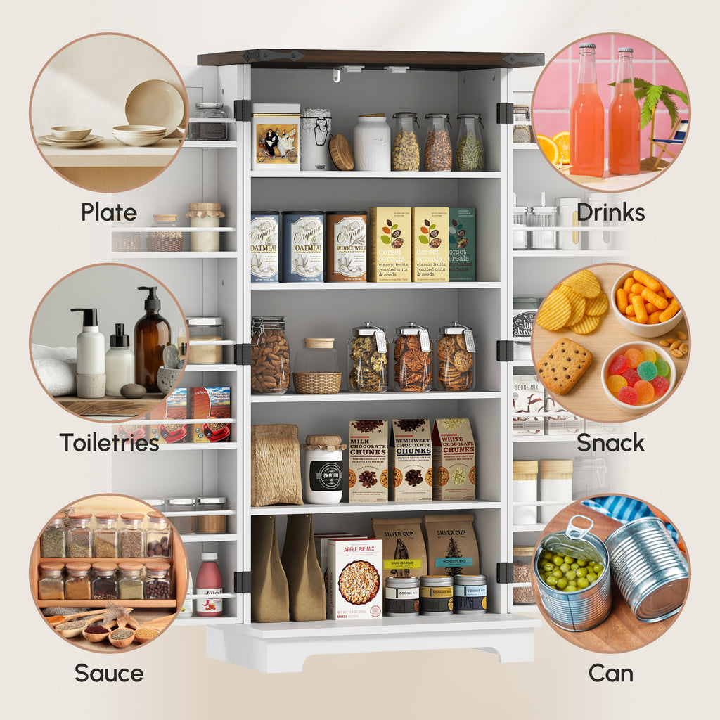 47" Kitchen Pantry Storage Cabinet, Farmhouse Kitchen Pantry Cabinet with Adjustable Shelves and Door Shelves, White