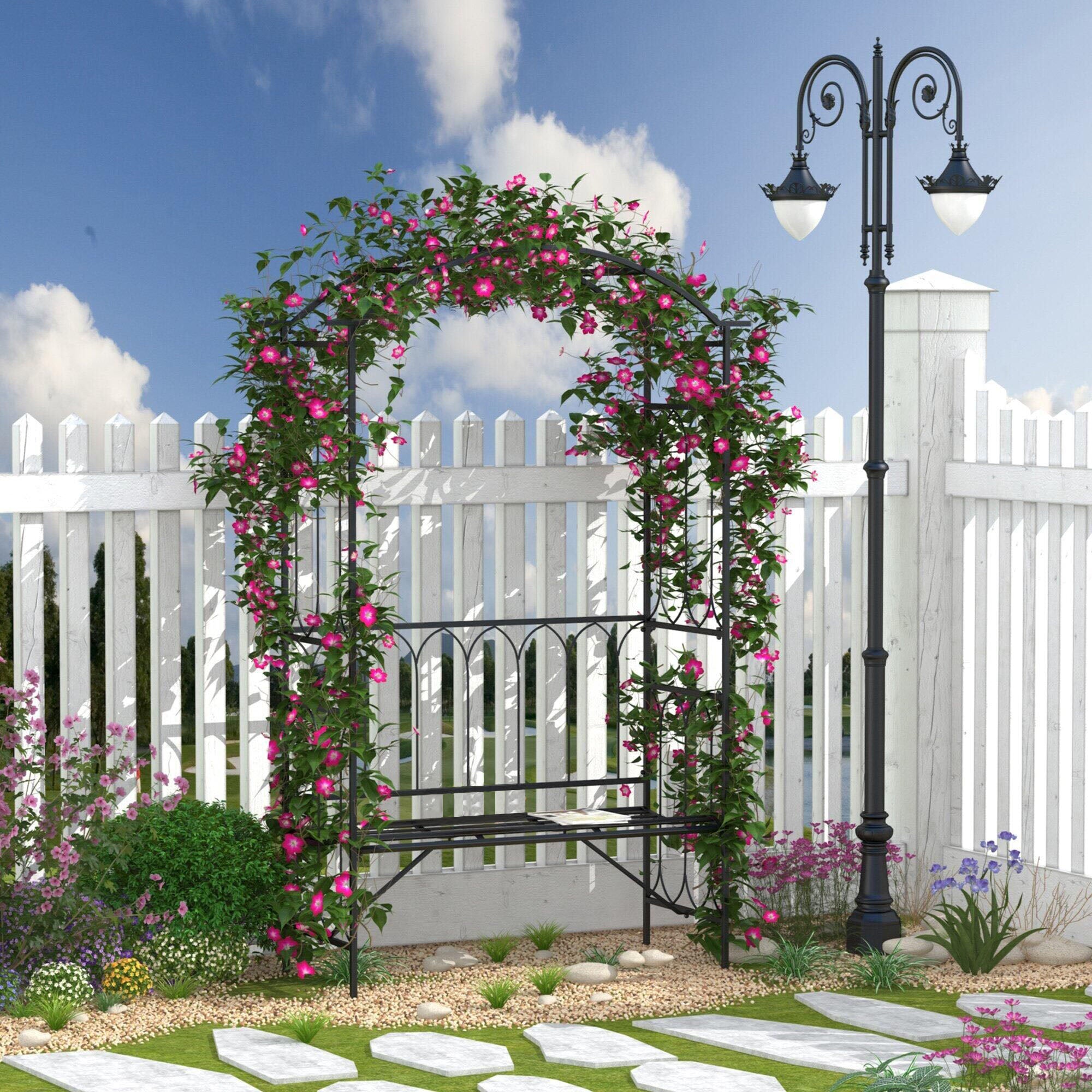 80" Tall Fairy Garden Arbor Arch with Bench Metal Outdoor Plant Climbing Support Trellis with 2 Seater Bench for Rose Vines Black