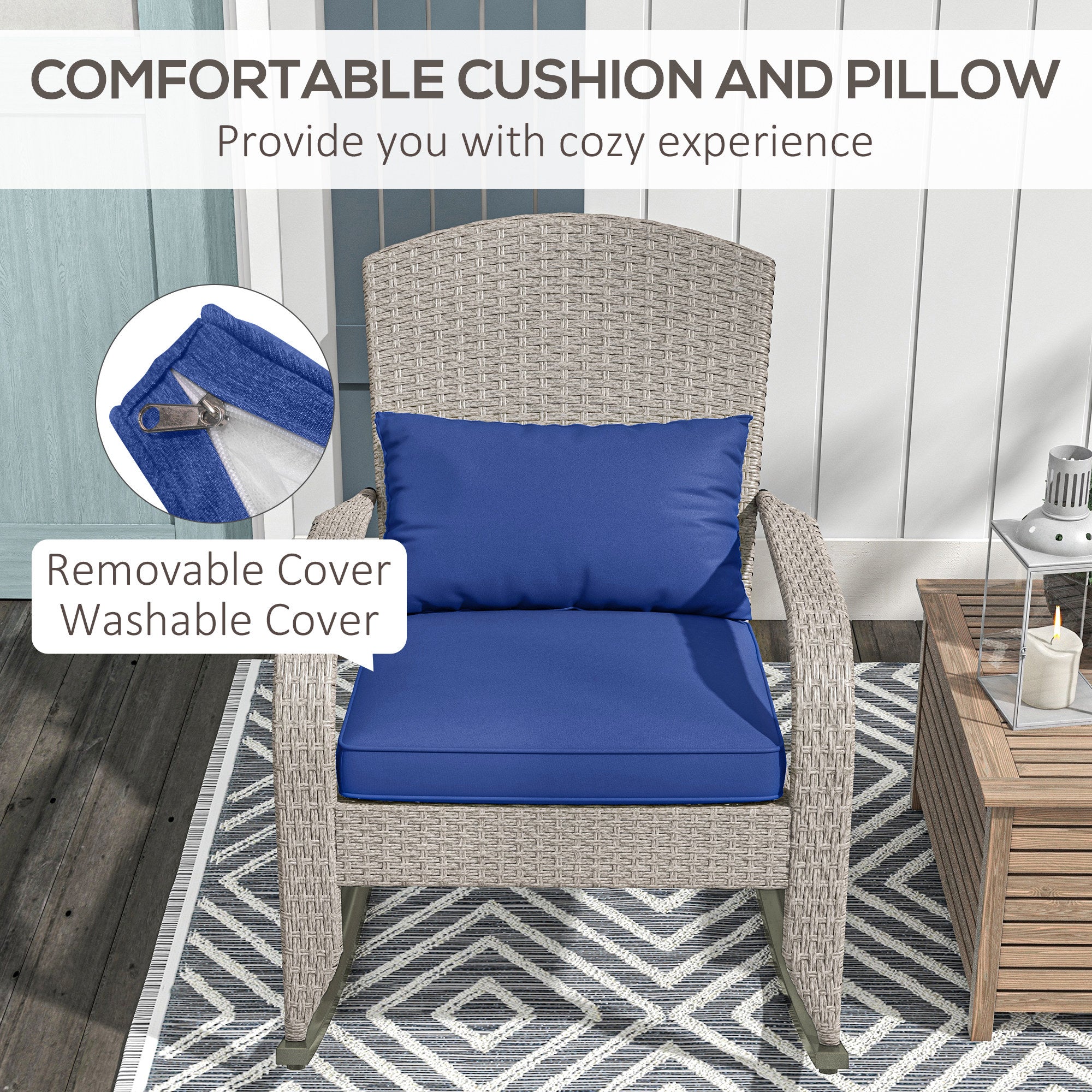 Adirondack Chair, Outdoor Wicker Rocking Chair with High Back, Seat Cushion and Pillow for Porch, Balcony, Dark Blue