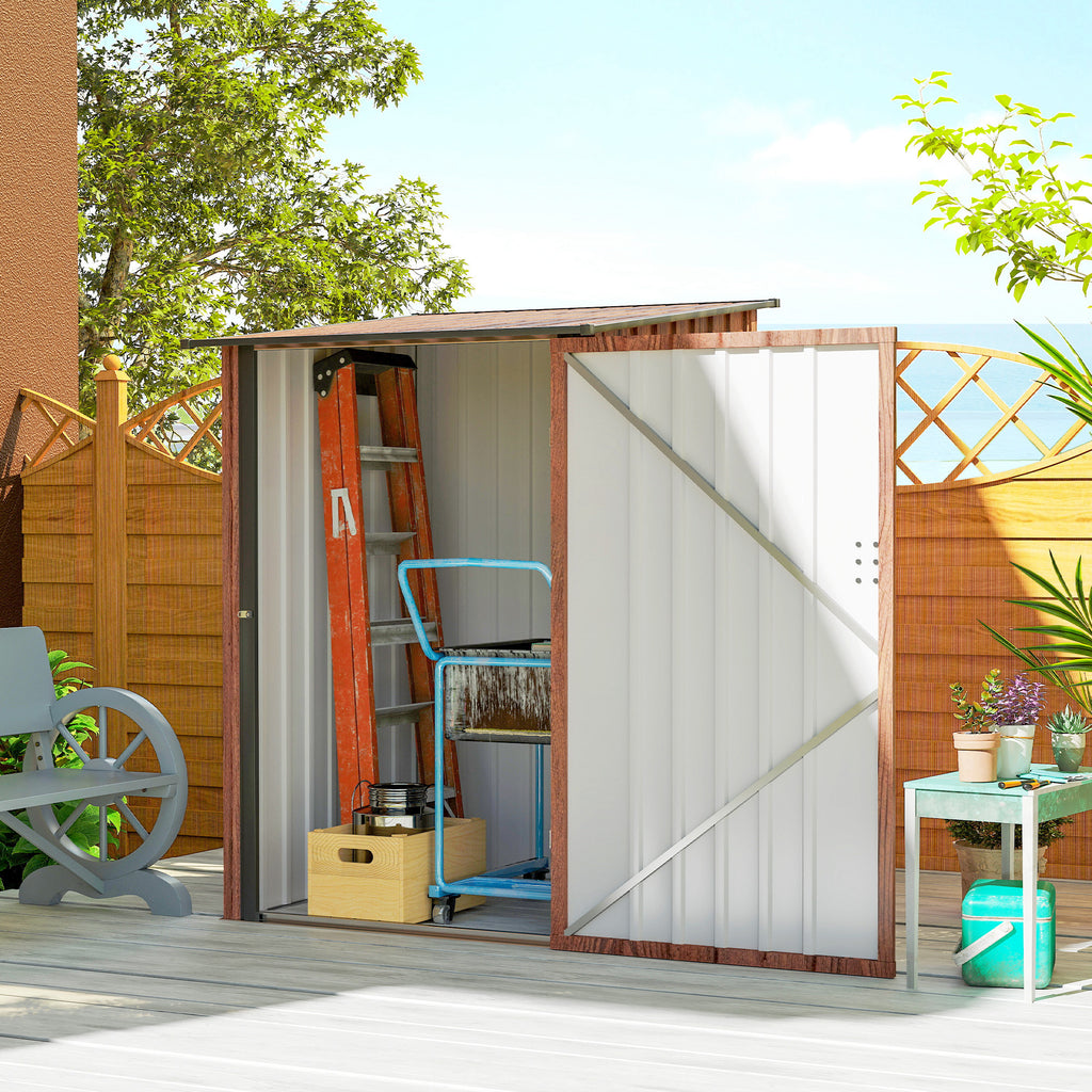 3.3' x 3.4' Lean-to Garden Storage Shed, Outdoor Galvanized Steel Tool House with Lockable Door for Patio, Teak