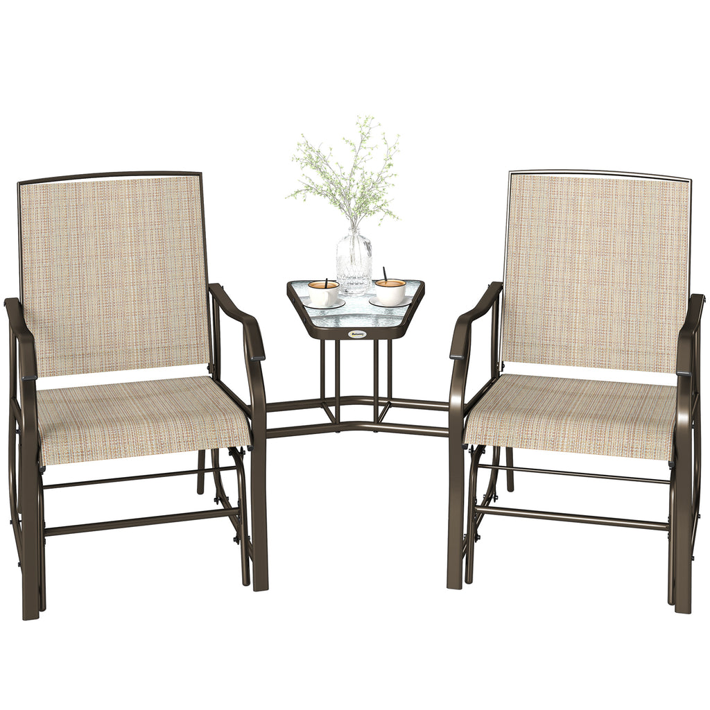 Double Patio Glider Chair with Glass Top Center Table, Outdoor Glider Loveseat with High Back,  All Weather Breathable Mesh Fabric for Garden, Backyard, Deck, Light Brown