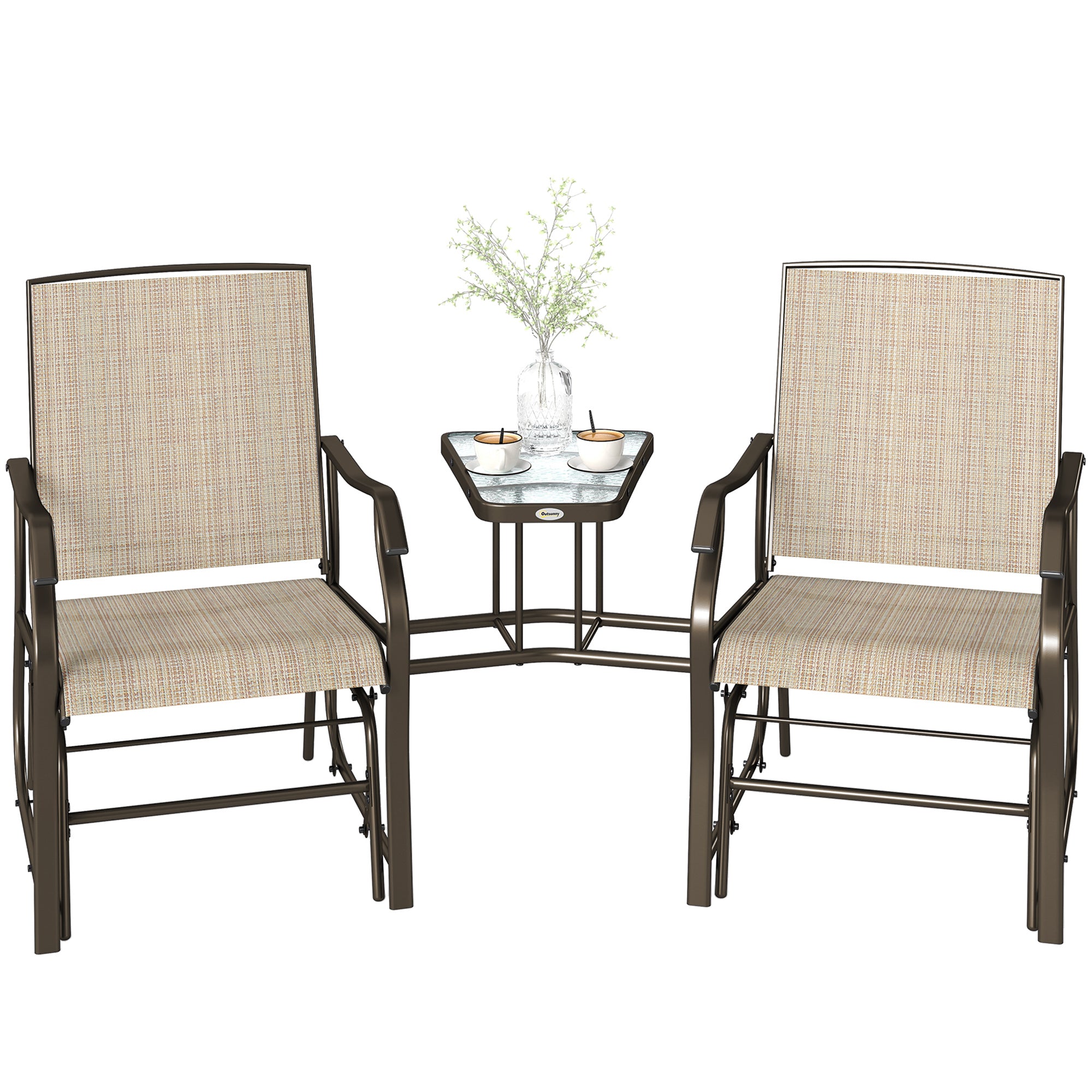 Double Patio Glider Chair with Glass Top Center Table, Outdoor Glider Loveseat with High Back,  All Weather Breathable Mesh Fabric for Garden, Backyard, Deck, Light Brown