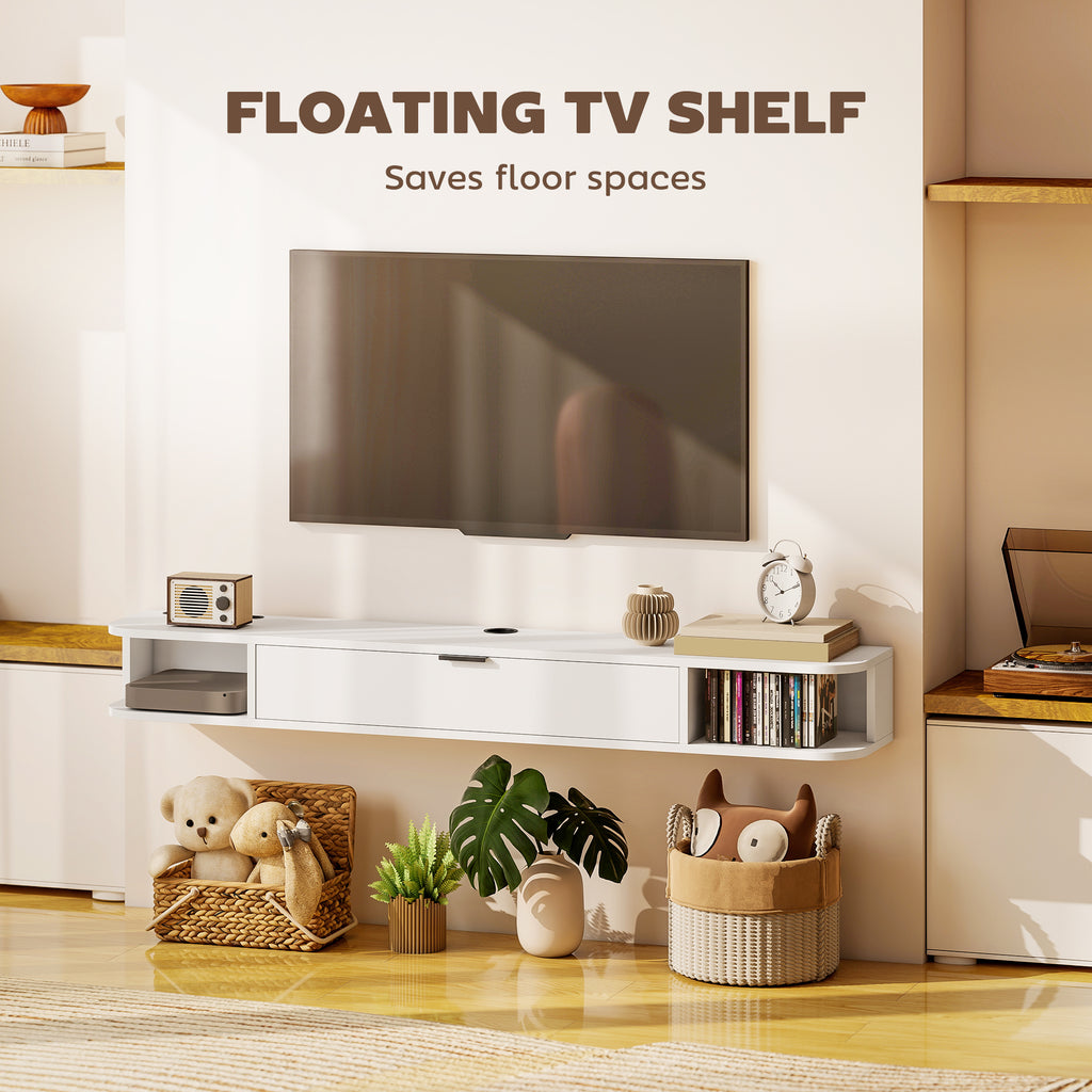 55" Floating TV Stand for TVs up to 60 Inch, Wall Mounted Media Console with Flip Drawer and 2 Open Shelves, White