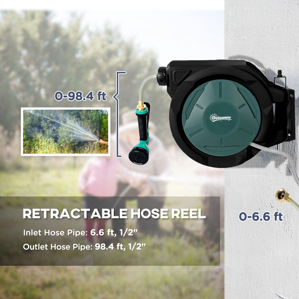 1/2 in x 100ft Wall Mounted Garden Hose Reel, Retractable Water Hose Reel with Auto Rewind, Any Length Lock, Black