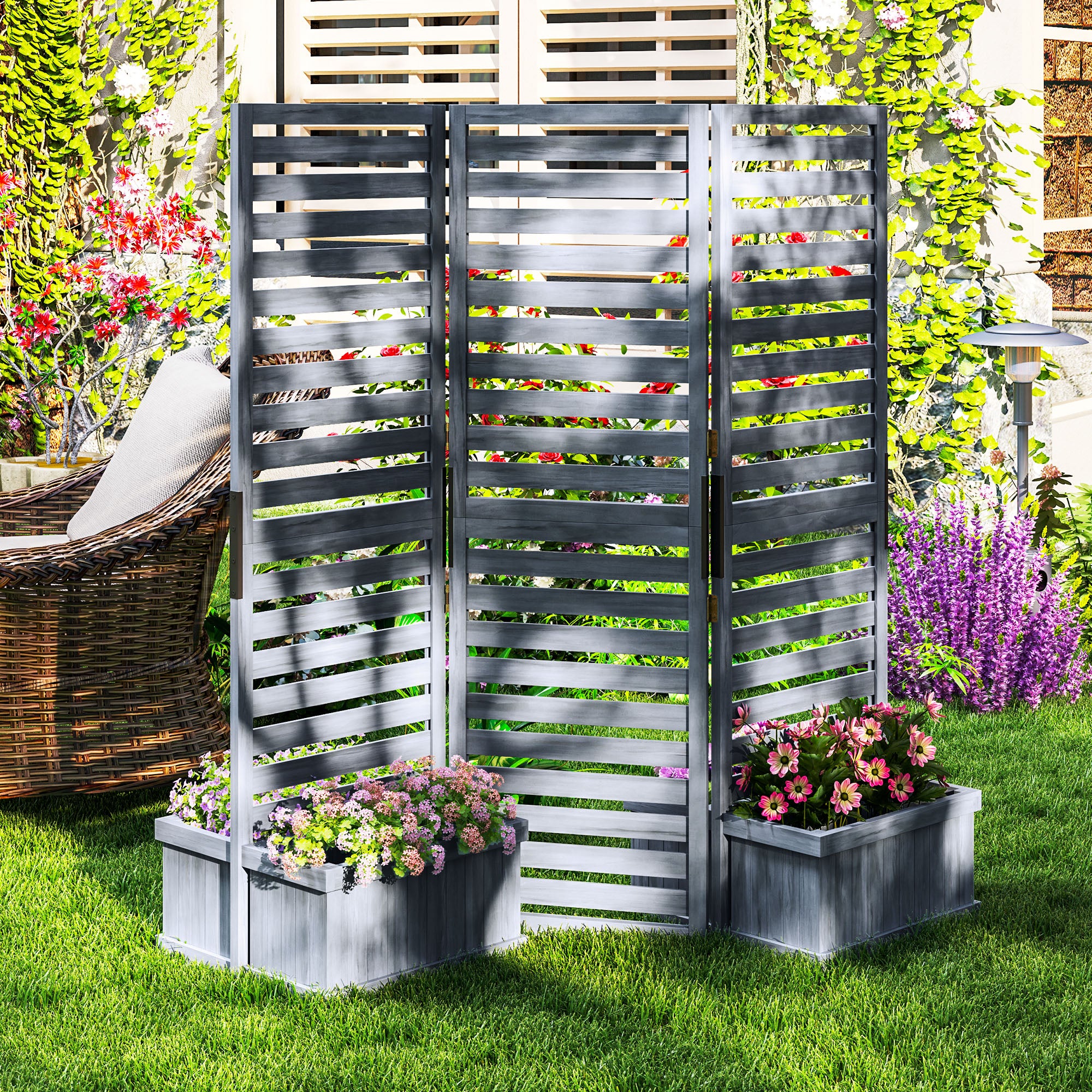 Outdoor Privacy Screen Wood Privacy Panel with 4 Planter Boxes, Raised Bed with 3 Panels, Drainage Holes, Grey