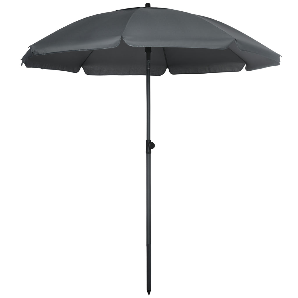6ft Beach Umbrella, Outdoor Sun Shade Parasol with Push Button Tilt, Ruffled  UV50+ Vented Canopy, Dark Grey