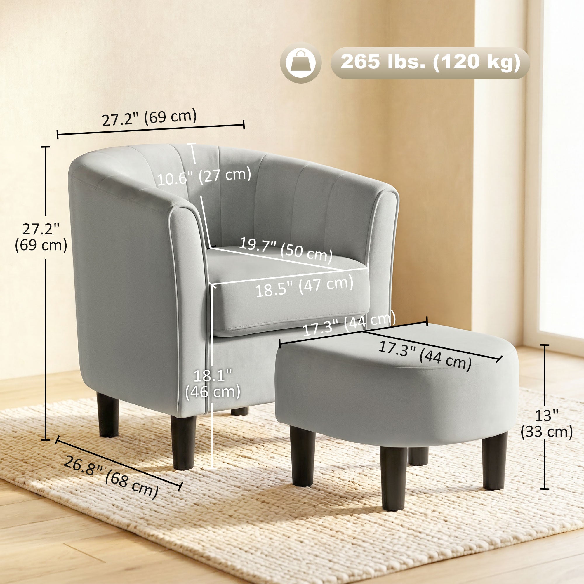Accent Chair Modern Upholstered Living Room Chair with Ottoman and Pocket Spring Cushion Grey