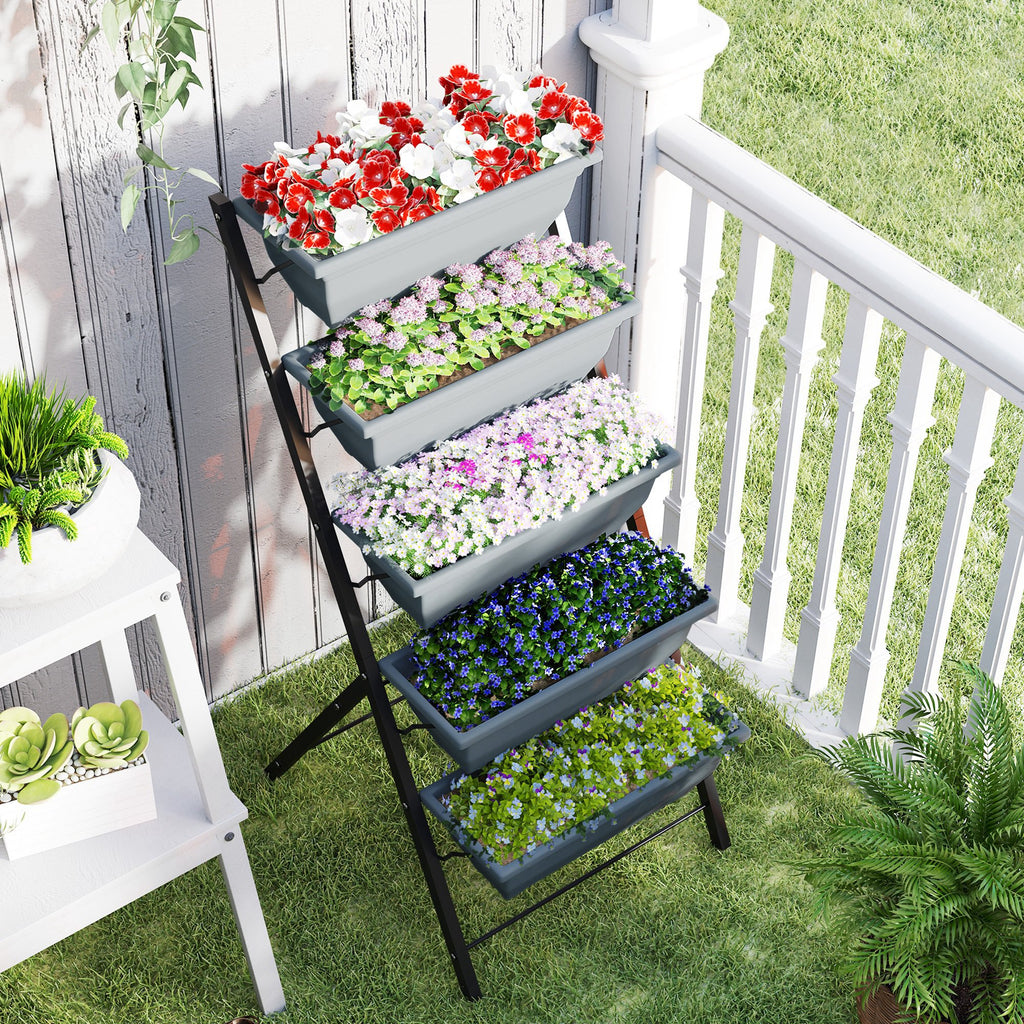 5-Tier Raised Garden Bed Plant Stand Flower Pots with Leaking Holes Grey