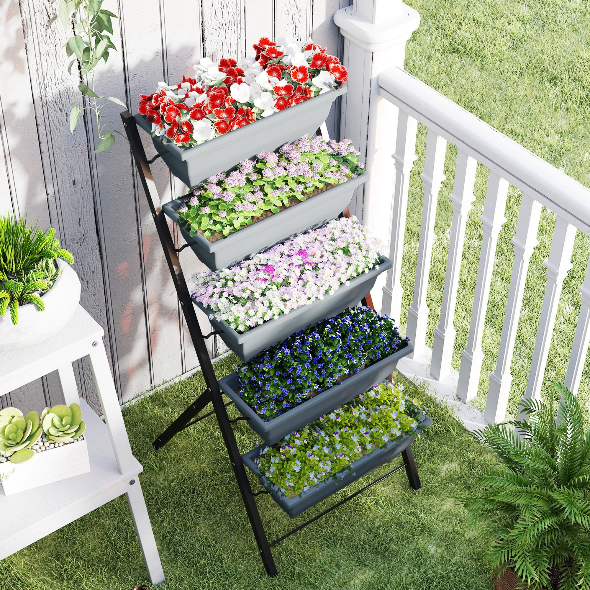 5-Tier Raised Garden Bed Plant Stand Flower Pots with Leaking Holes Grey
