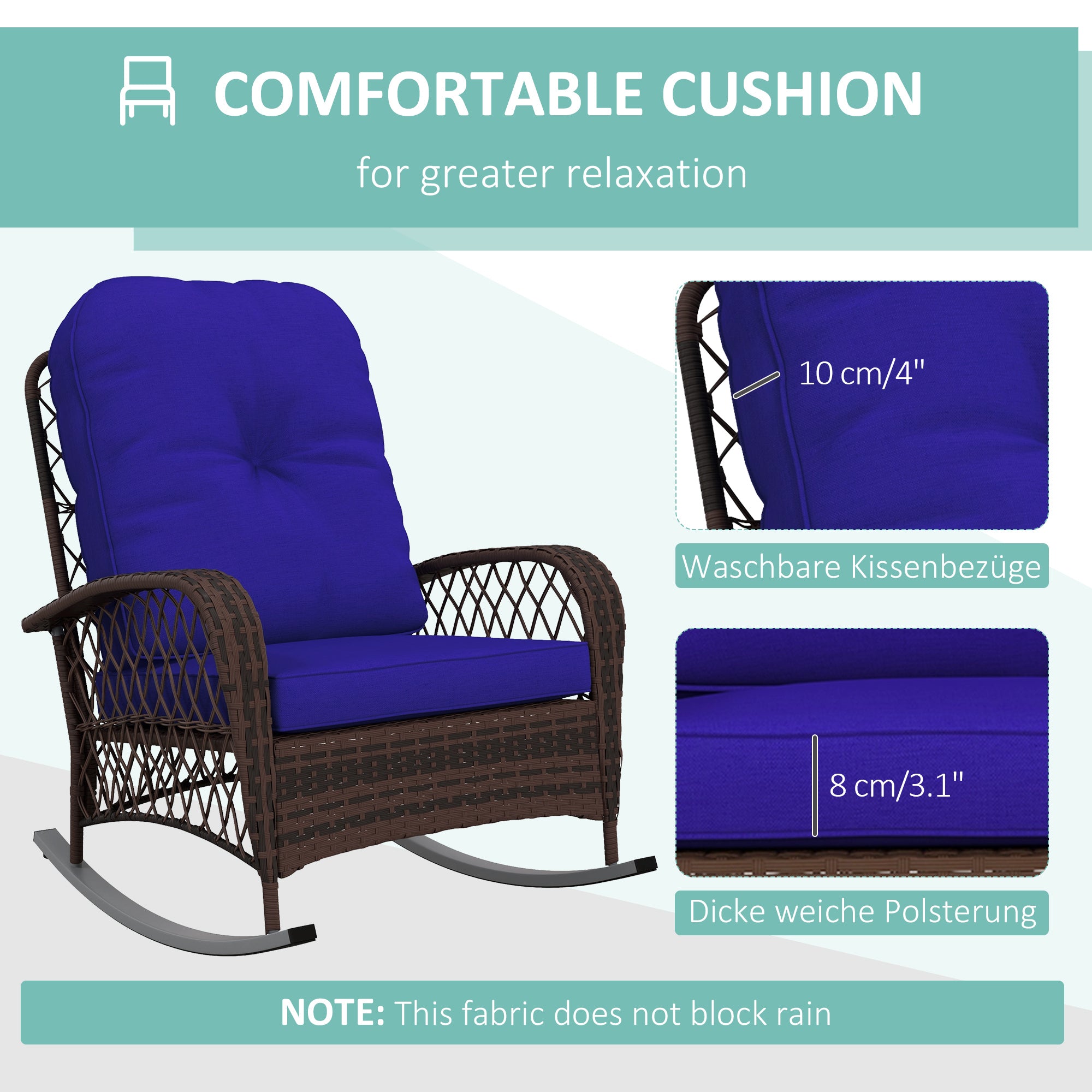 Outdoor Wicker Rattan Rocking Chair Patio Rocker with Thick Cushions for Garden Backyard Porch, Dark Blue