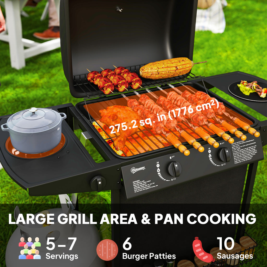 2+1 Burner Propane Gas BBQ Grill, Portable Gas Barbecue Grill with Side Burner, Thermometer, Lid, Side Table, Shelf, Spice Rack, Wheels, Grease Cup for Garden, Black