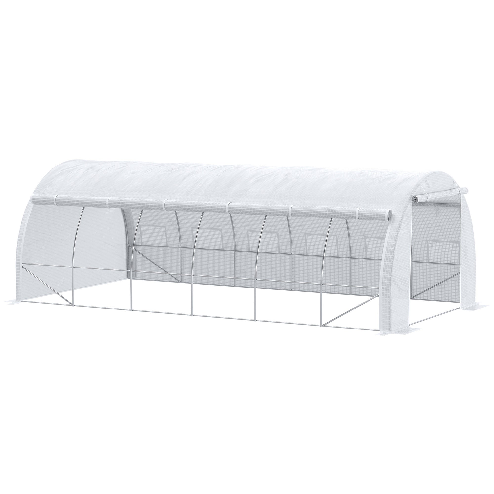 20'x10'x6.6' Tunnel Greenhouse with UV-Resistant Cover, Zippered Door and 12 Roll-up Windows, Outdoor Green House for Garden Plant, White