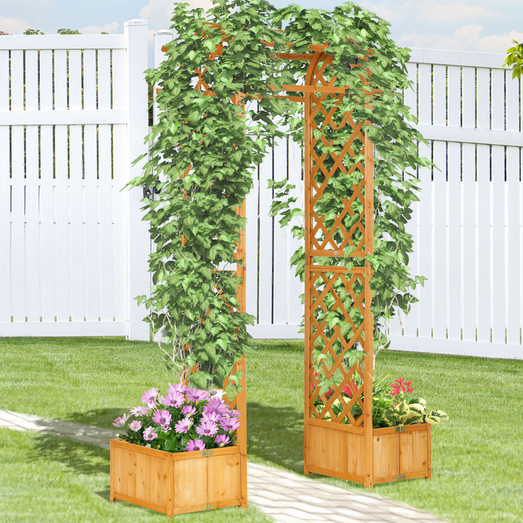 7.7FT Garden Arch with 2 Foldable Planter Boxes, Outdoor Wooden Trellis Arbor for Ceremony Party Weddings, Brown