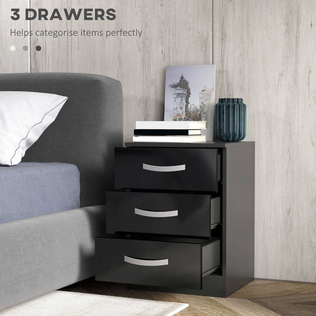 Bedside Table Set of 2, Modern Nightstand with Drawers and High Gloss Fronts, Night Table for Bedroom, Black