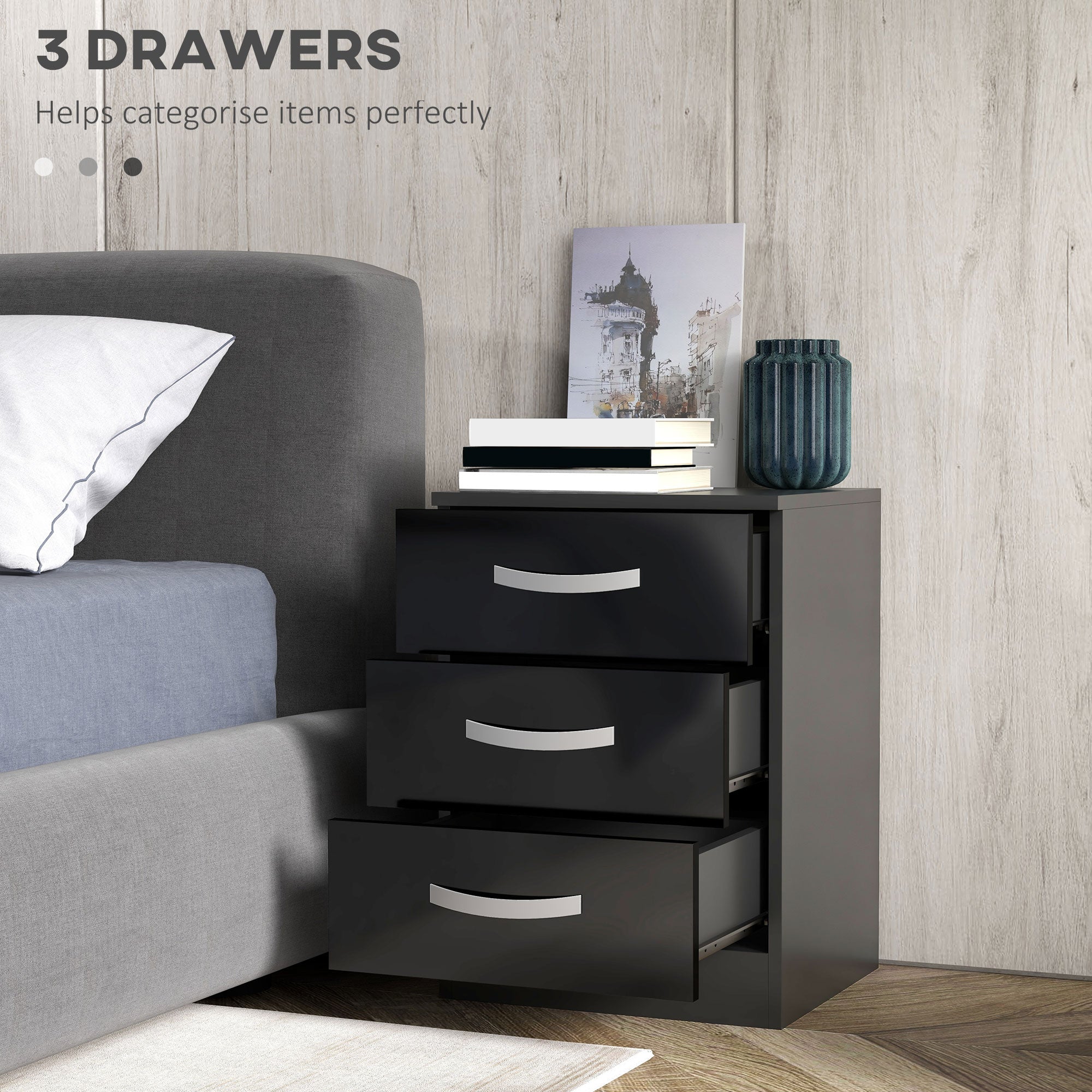 Bedside Table Set of 2, Modern Nightstand with Drawers and High Gloss Fronts, Night Table for Bedroom, Black