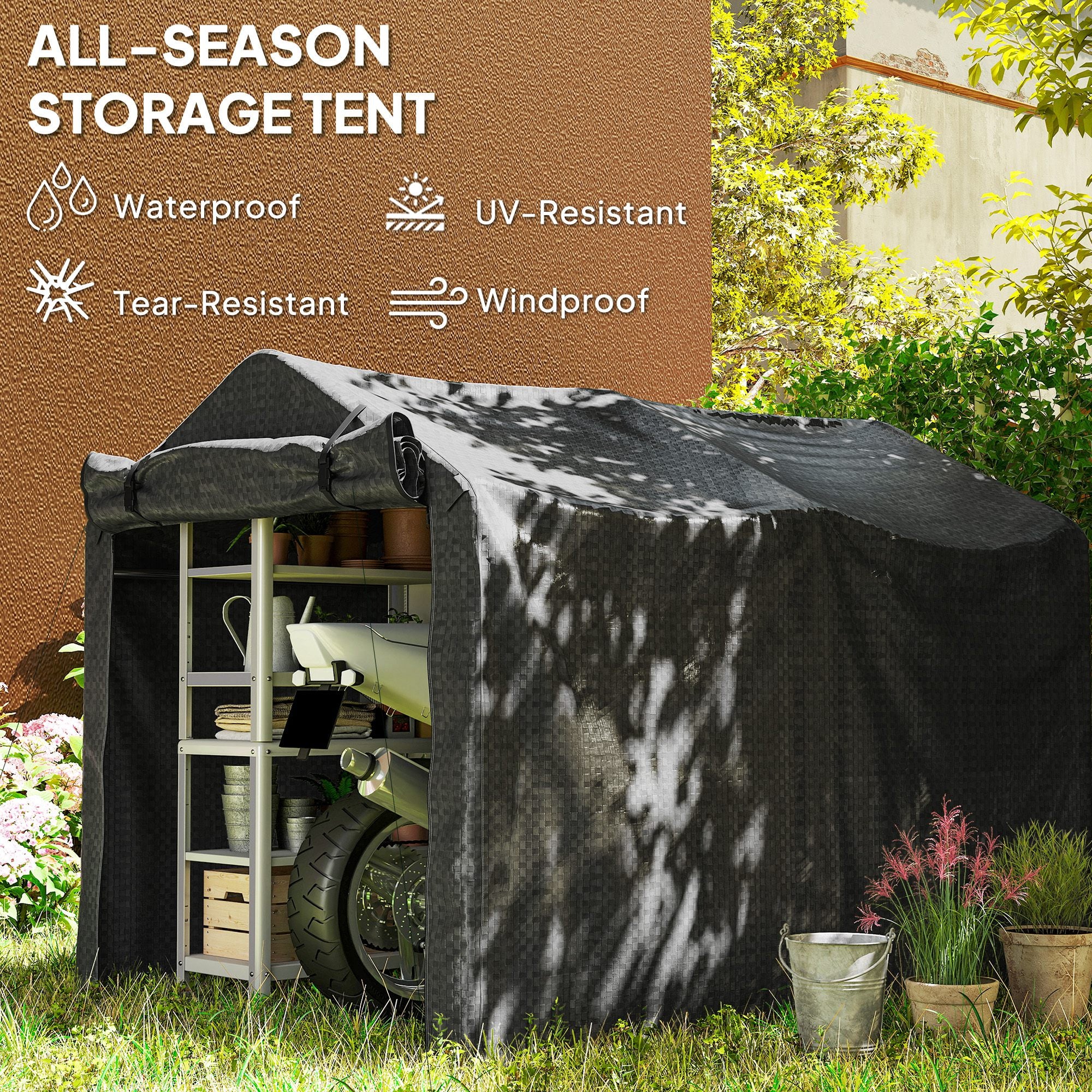 Outdoor Storage Shed, UV Resistant Bike Tent with Roll-up Zipper Door, Portable Shed for Bike, Motorcycle, Black