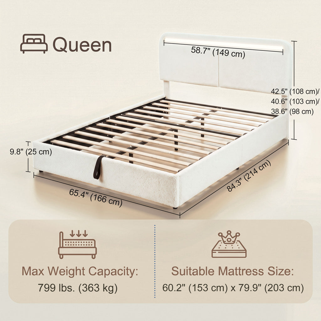 White queen platform bed frame with adjustable headboard and built-in LED lights