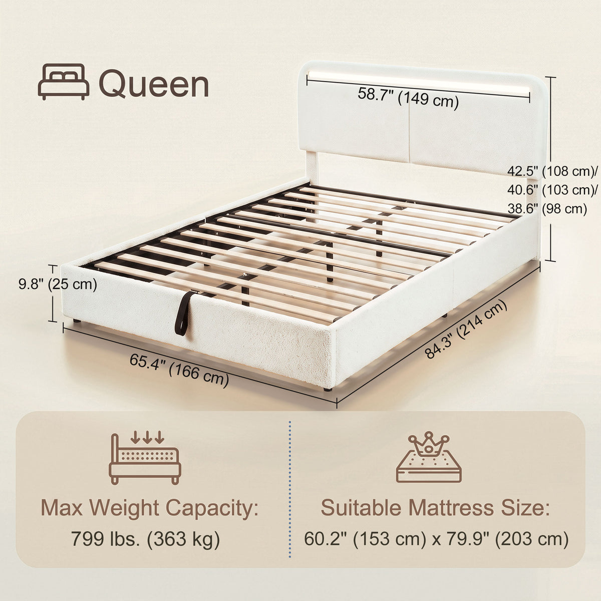 White queen platform bed frame with adjustable headboard and built-in LED lights