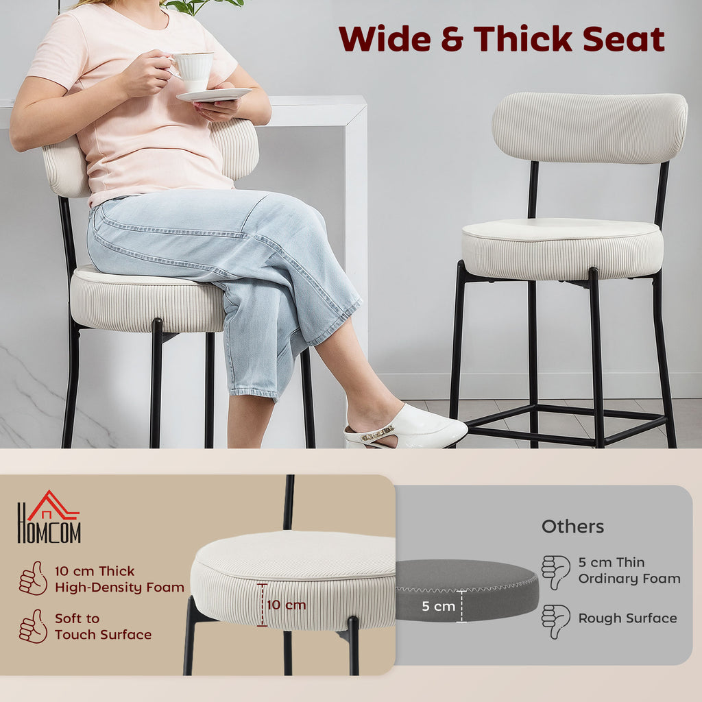 Set of 2 Barstools, Upholstered Corduroy Bar Stools with Backrest, Footrest for Kitchen Island, Dining Room, Cream White