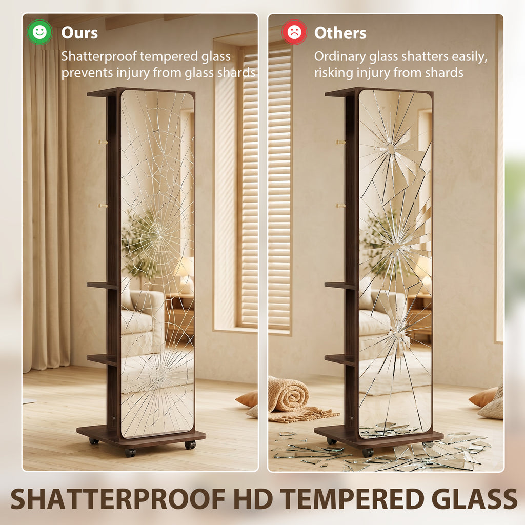 15" x 62" Full Length Mirror, Tempered Glass Floor Mirror on Wheels with Storage Shelves, Coat Hangers, Brown Wood Grain