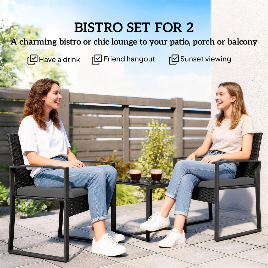 Outdoor Bistro Set, 3 Piece Wicker Patio Furniture Set with Glass Top Table and Cushions for Porch, Balcony, Dark Grey