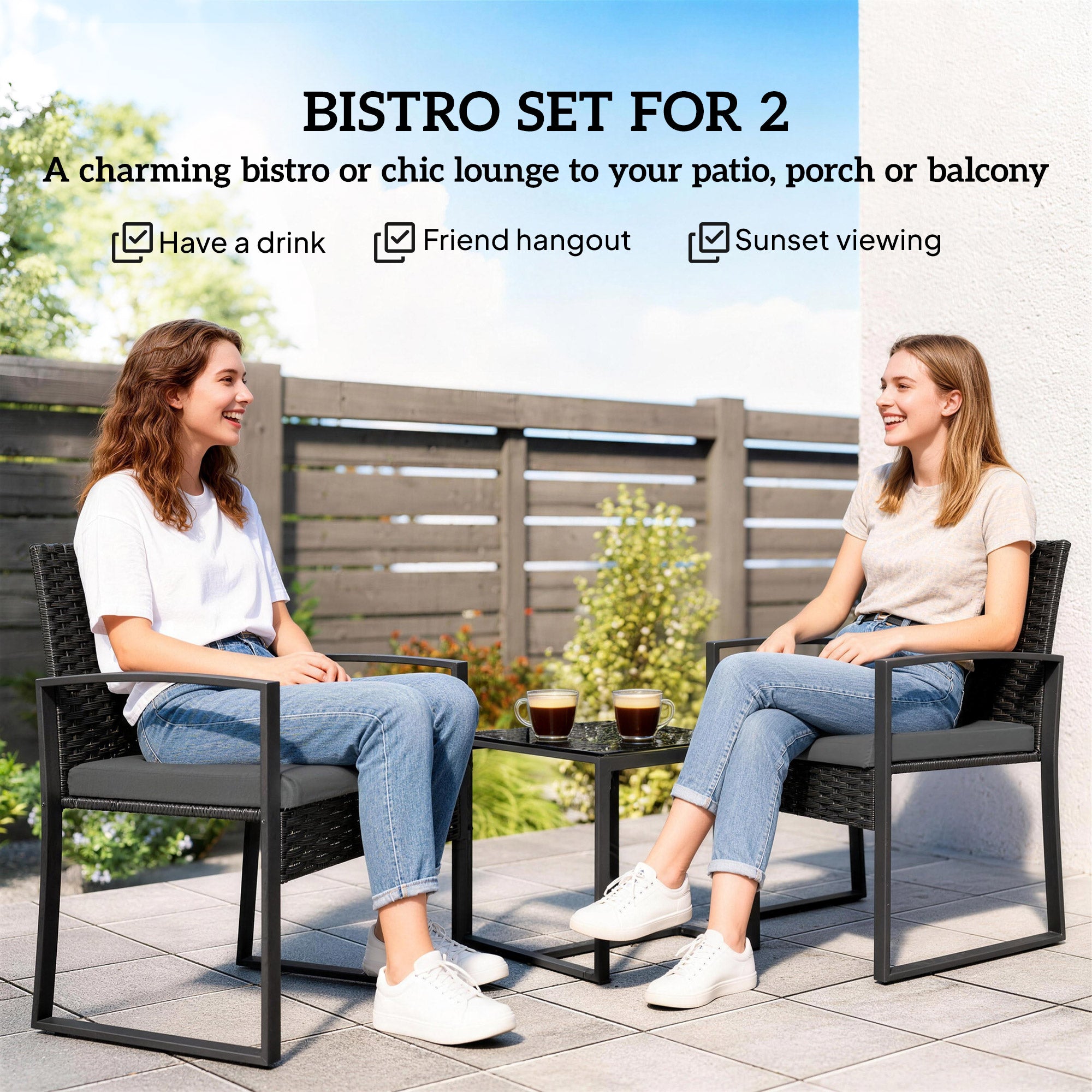 Outdoor Bistro Set, 3 Piece Wicker Patio Furniture Set with Glass Top Table and Cushions for Porch, Balcony, Dark Grey