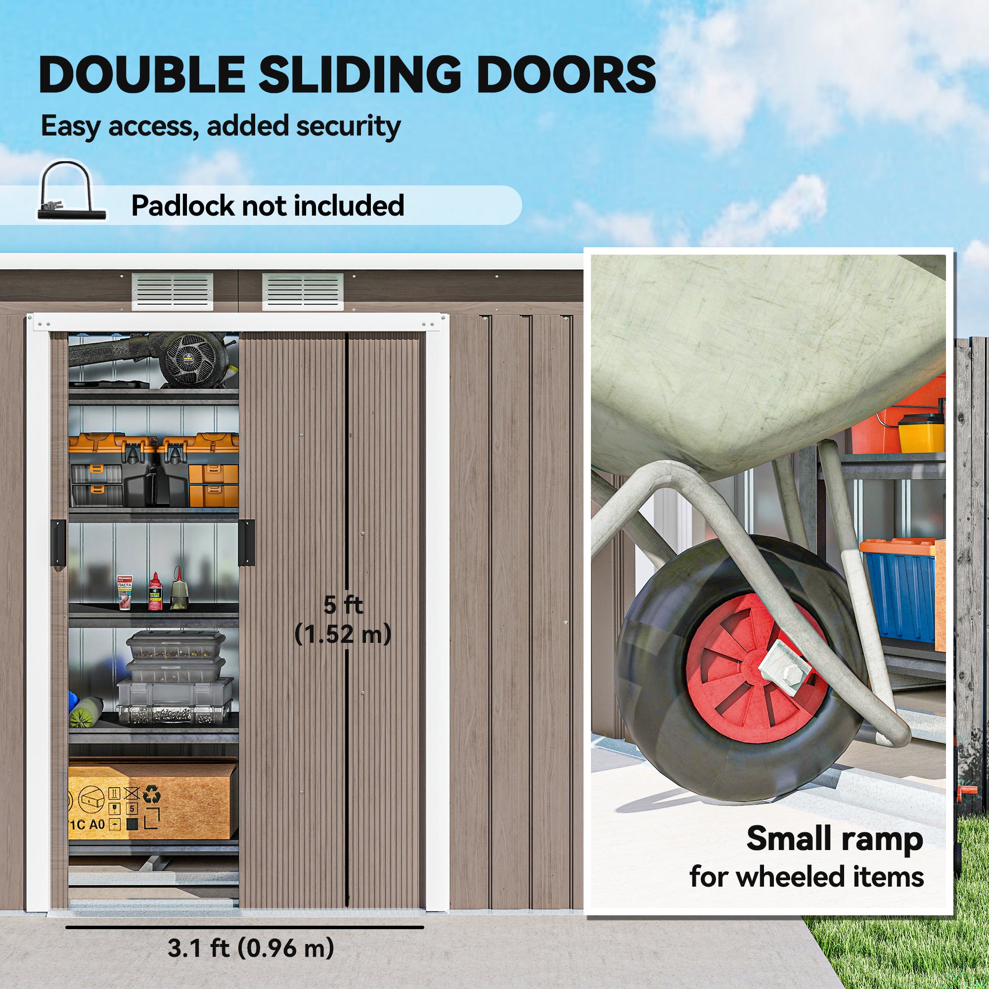 9' x 4' Garden Metal Storage Shed Outdoor Equipment Tool Box with Foundation Kit, Ventilation & Doors, Light Grey