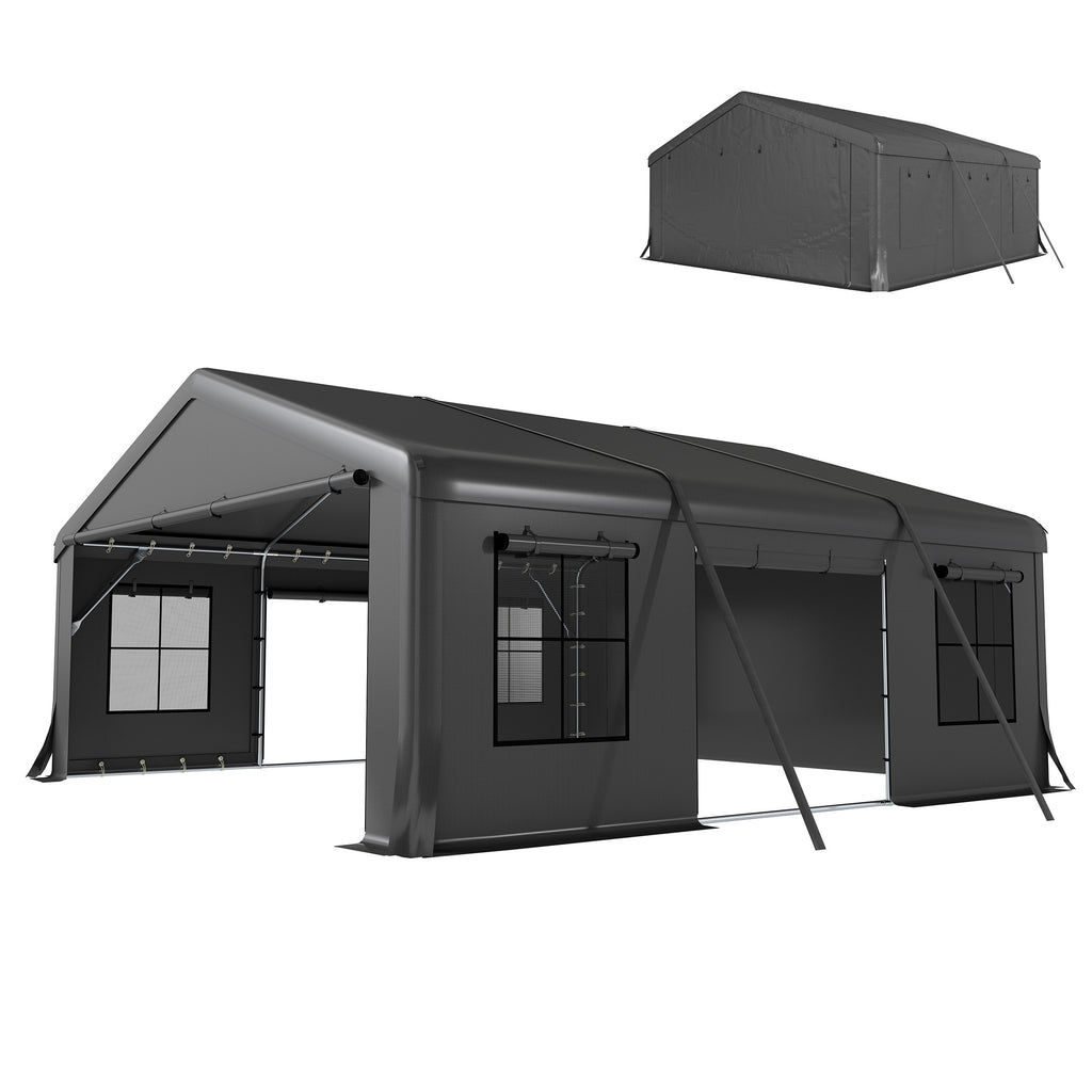 20' x 20' Heavy Duty Carport, Portable Garage Car Canopy Tent Shelter with 3 Roll-up Doors, 4 Windows, Dark Grey